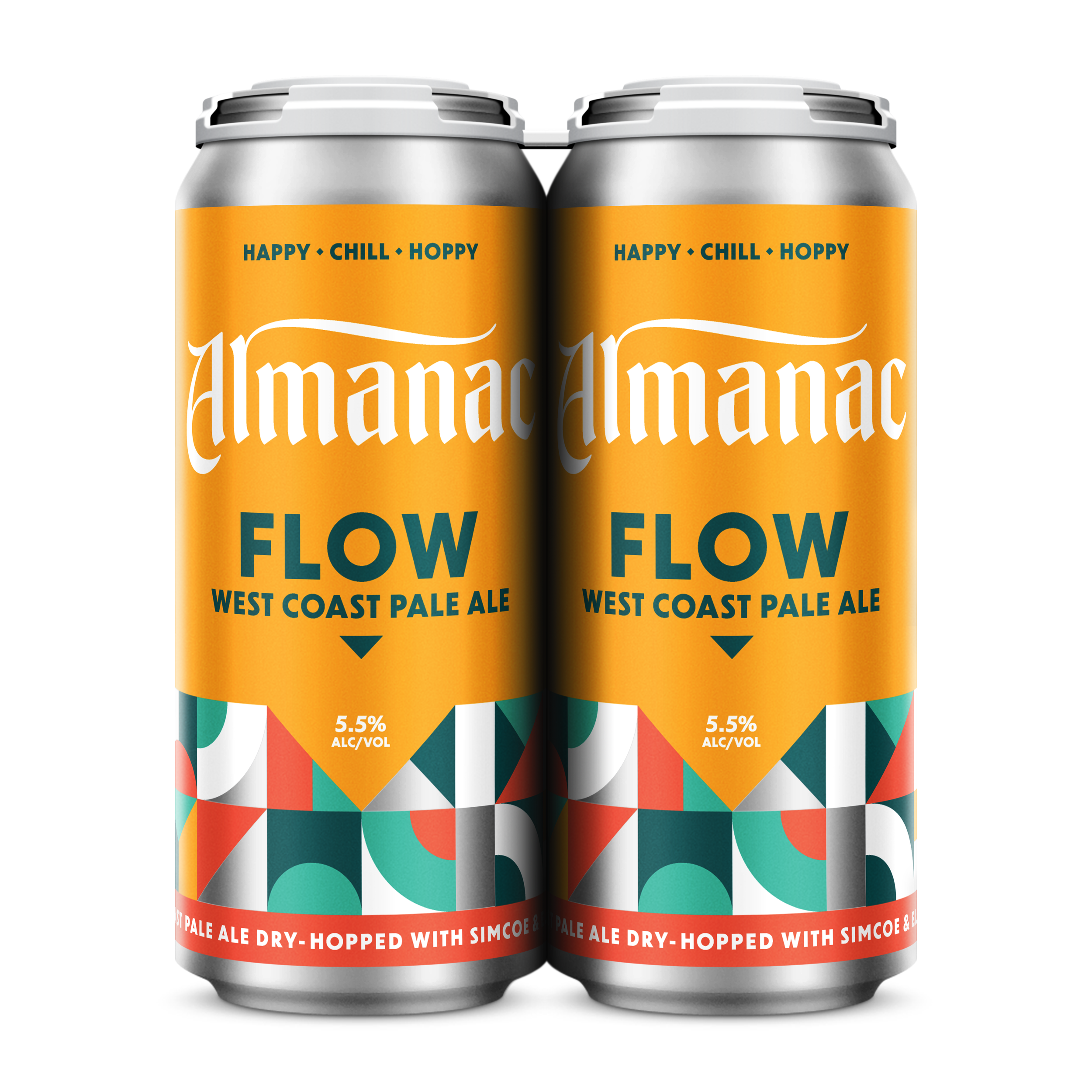 Two cans of Almanac Flow West Coast Pale Ale with colorful geometric design and the words 'HAPPY CHILL HOPPY' on the label.