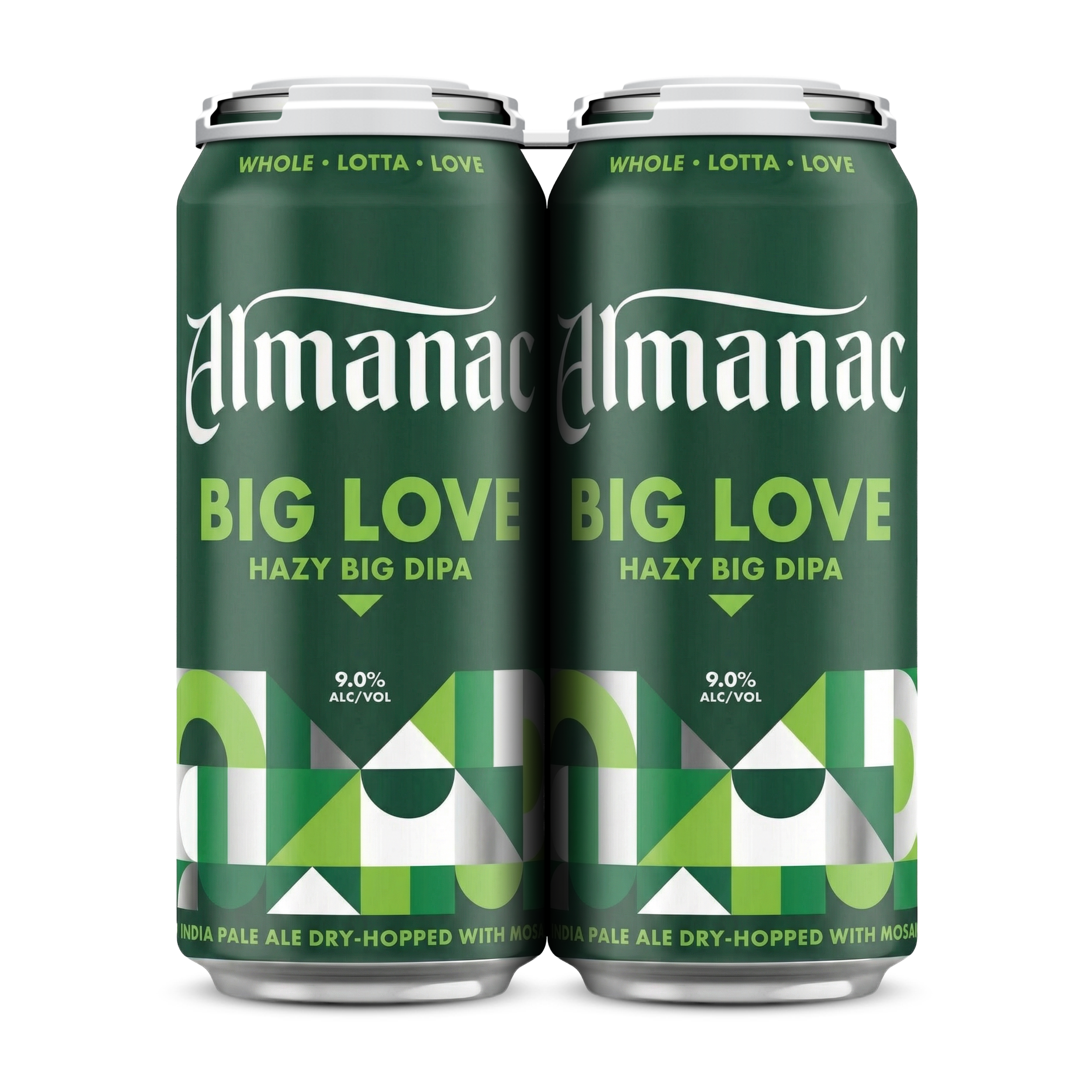 Two cans of Almanac Big Love Hazy Double India Pale Ale, dry-hopped with mosaics, with green and white label design.
