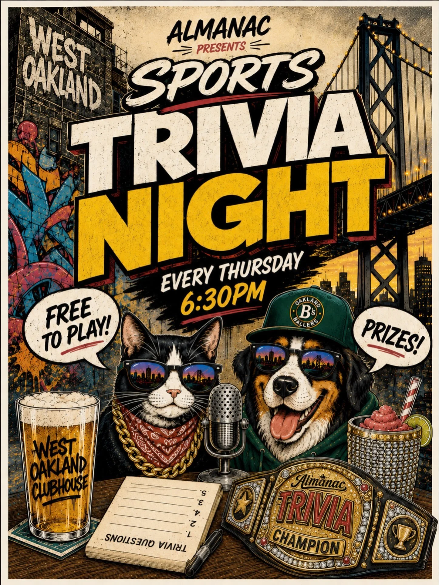 🏆 WEST OAKLAND SPORTS TRIVIA 🏆

Think you know sports? Prove it.

Every Thursday night, we&rsquo;re putting your sports knowledge to the test at the Almanac West Oakland Clubhouse.

🏈 Football
🏀 Basketball
⚾️ Baseball
🏒 Hockey
🏆 And everything 