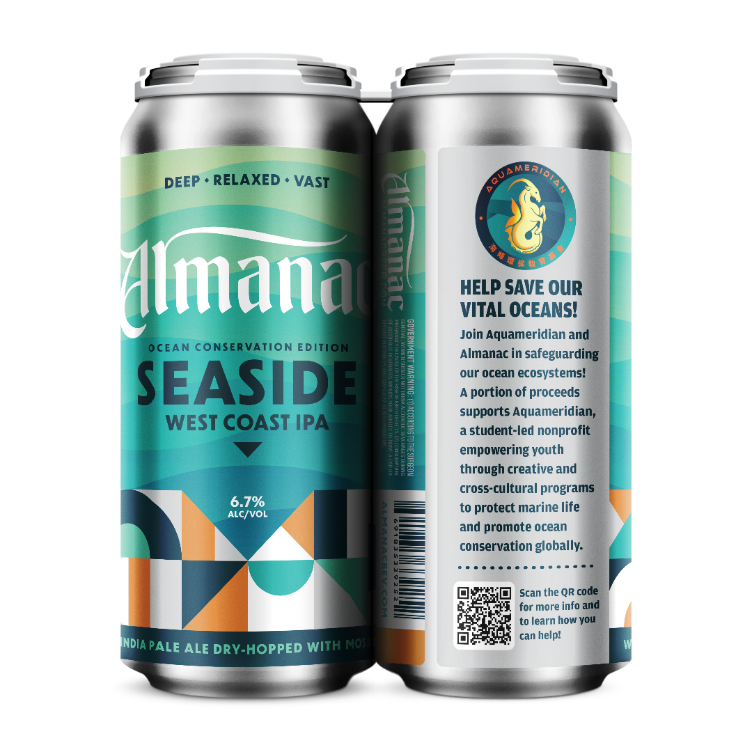 Two cans of Almanac Seaside West Coast IPA with ocean-themed design, featuring the Almanac logo and information advocating ocean conservation and supporting a nonprofit organization.