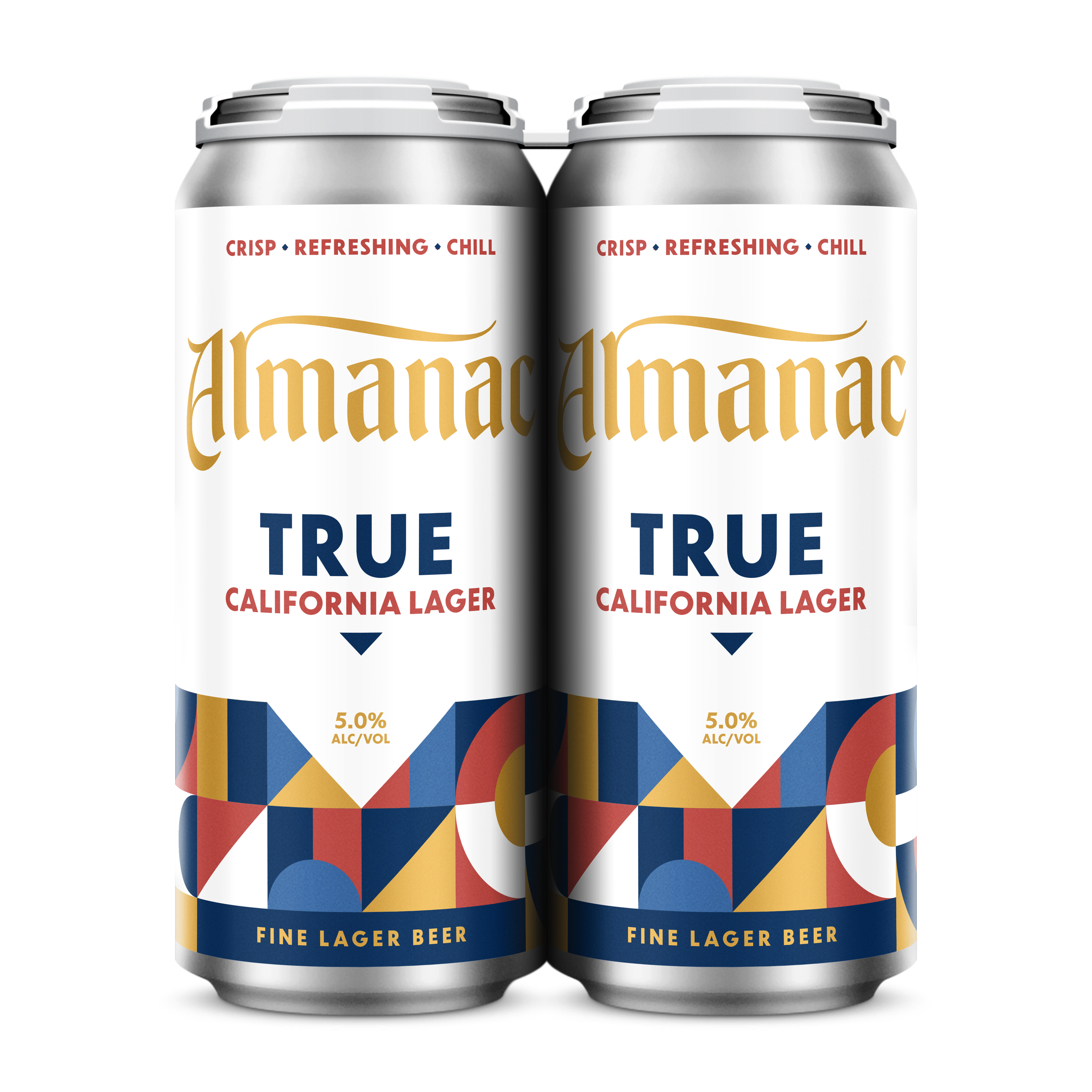 Two cans of Almanac True California lager beer with a modern, colorful geometric design on the label