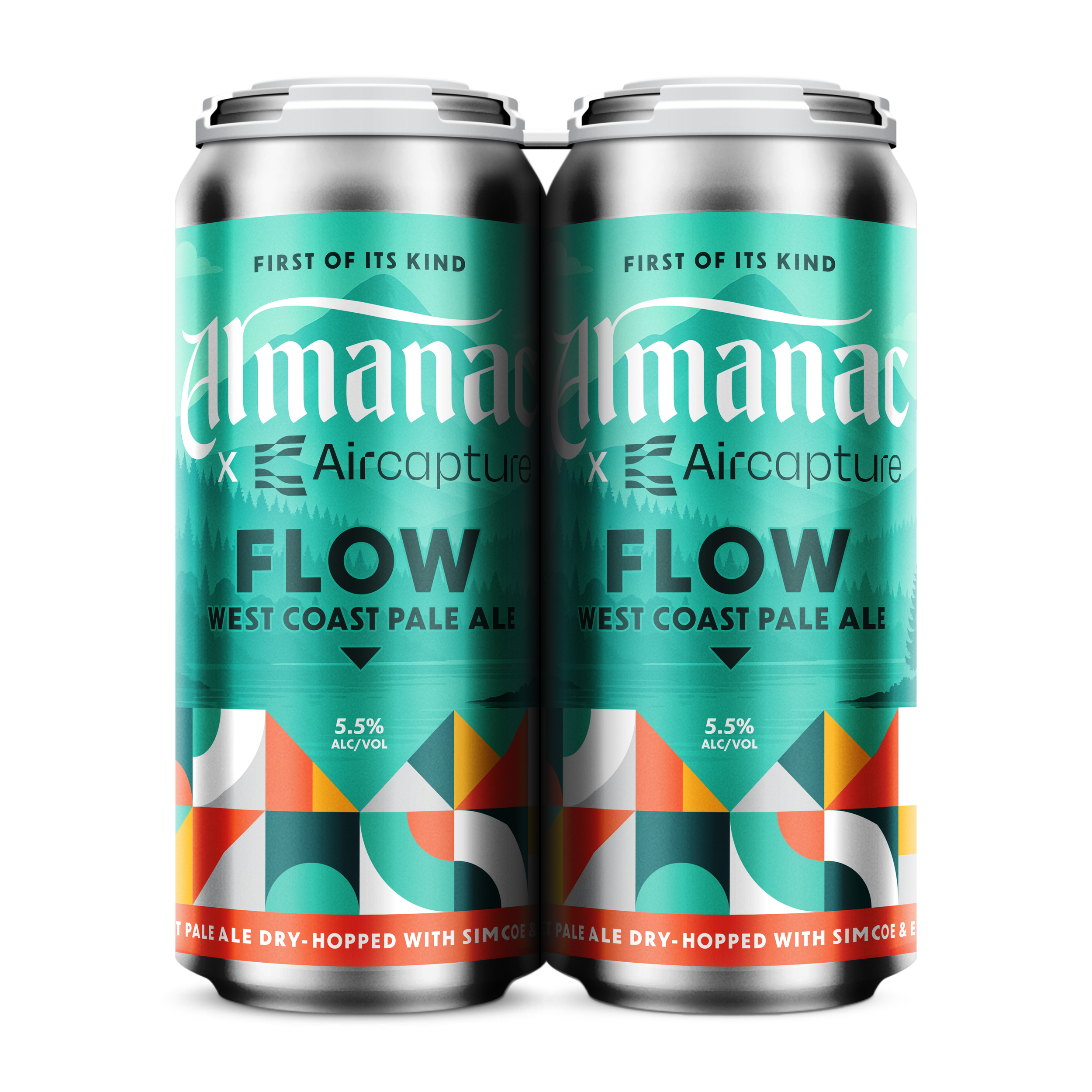 Two cans of Aircapture Flow West Coast Pale Ale with colorful geometric patterns on the label.