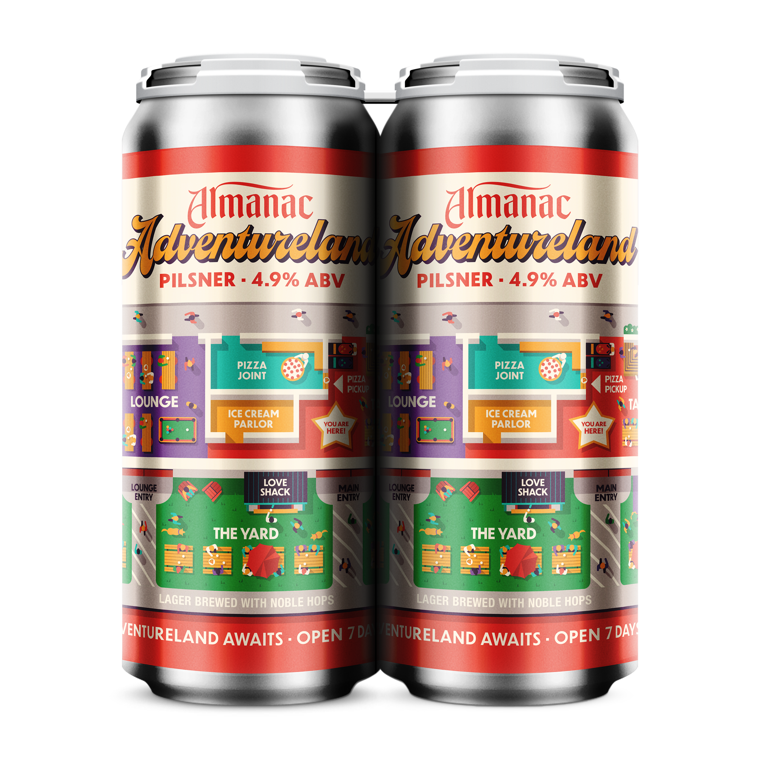 Two cans of Almanac Adventureland Pilsner beer with 4.9% ABV displayed side by side, featuring colorful graphics and text promoting adventure-themed events and venue details.
