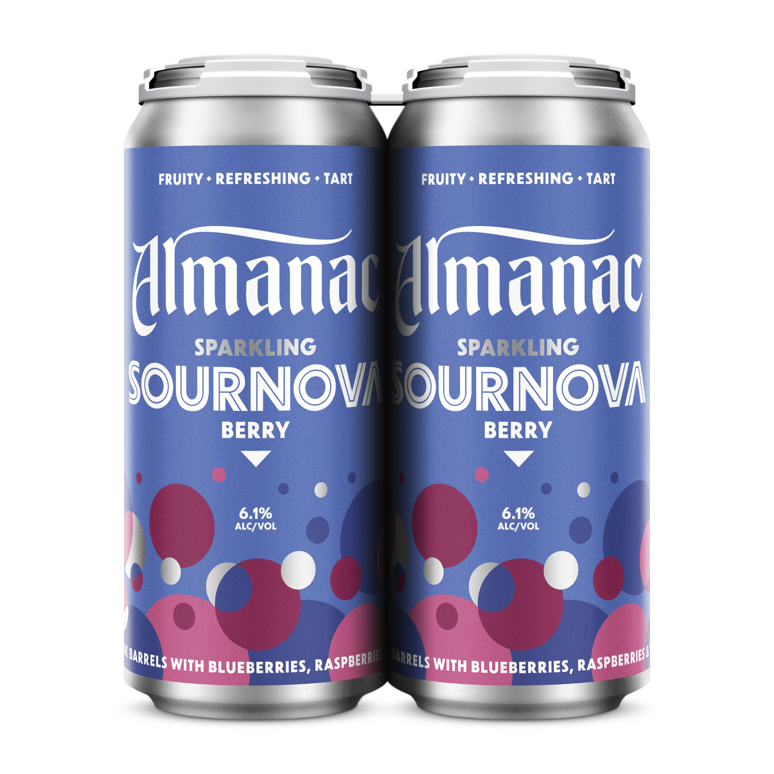 Two cans of Almanac sparkling sournava beer with a blue label that features white text indicating fruit flavors and 6.1% alcohol content, decorated with pink, purple, and white dots.