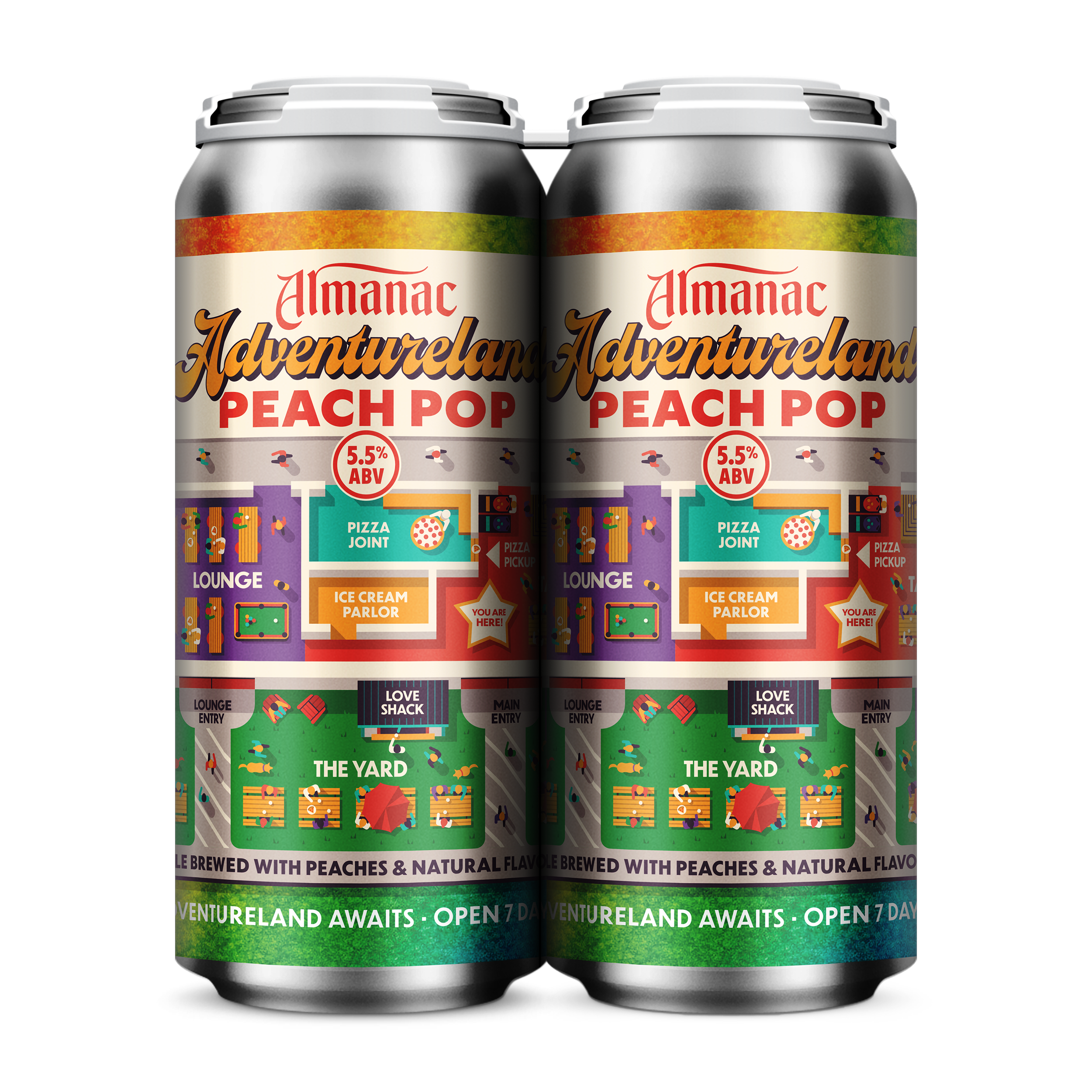 Two cans of Almanac Peach Pop beer with colorful, playful labels featuring various icons and text describing flavor and alcohol content.