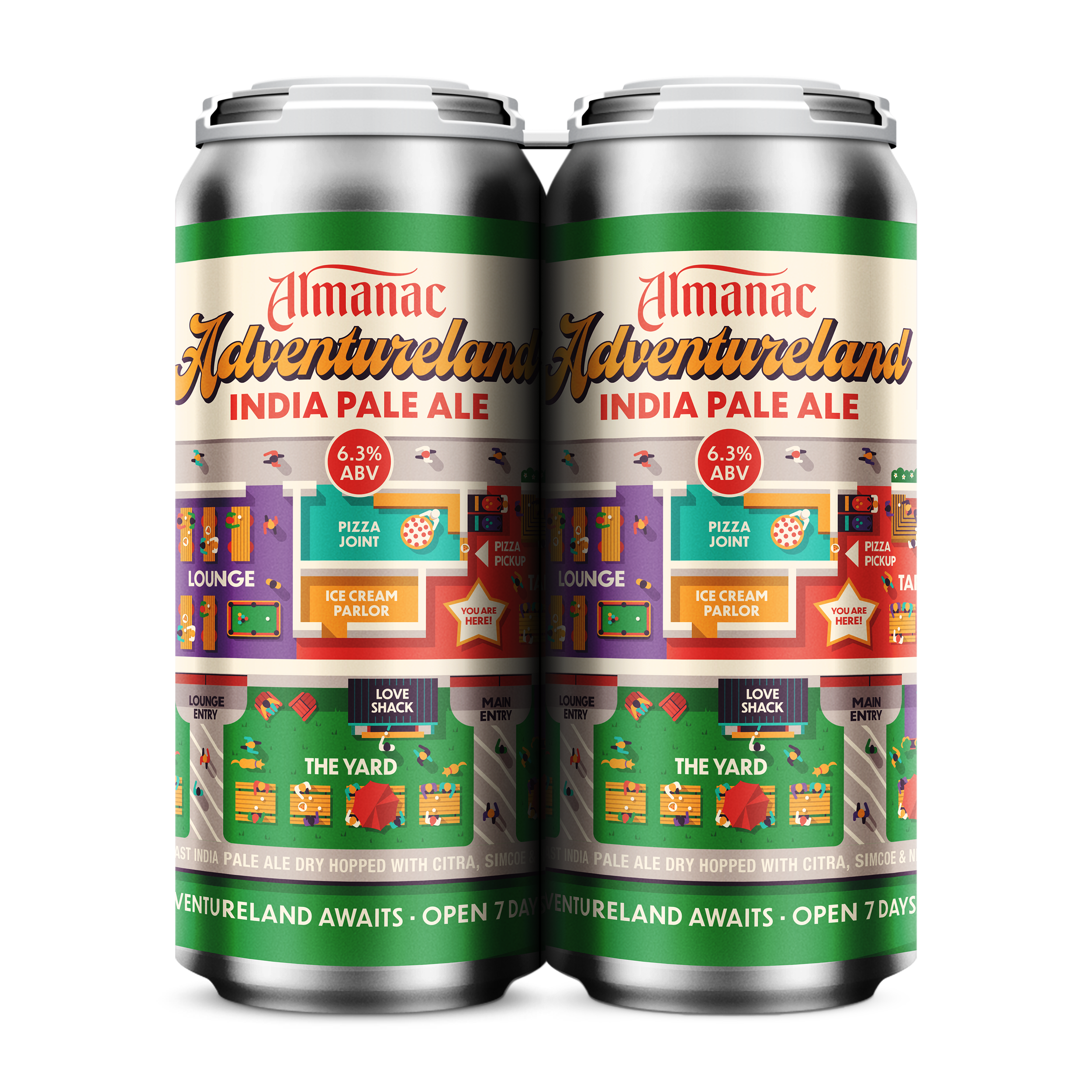 Two cans of Almanac Adventureland India Pale Ale with colorful graphics and text indicating 6.3% alcohol and tasting notes.