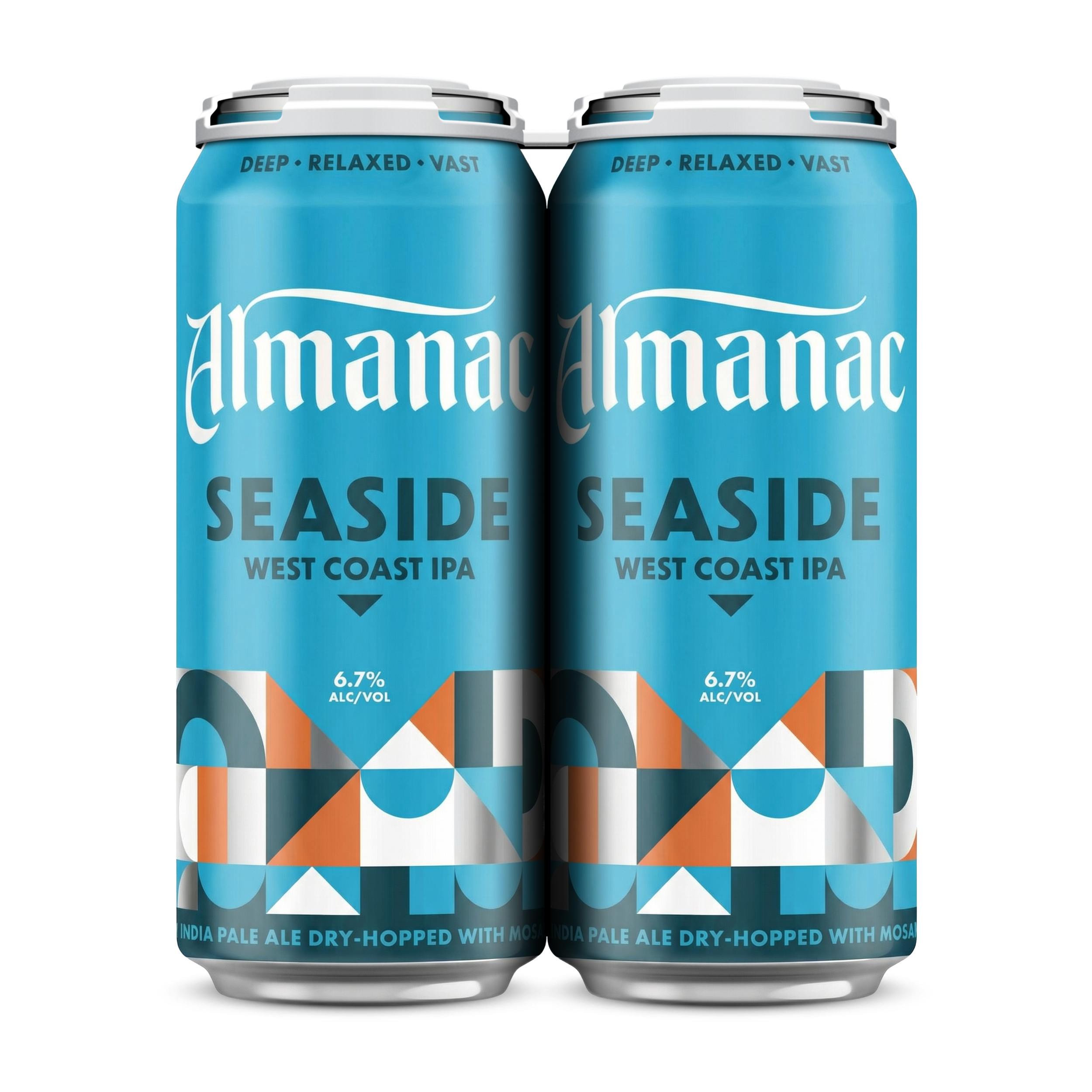 Two cans of Almanac Seaside West Coast India Pale Ale beer with blue background and geometric design, labeled 'Seaside,' with 6.7% alcohol by volume.