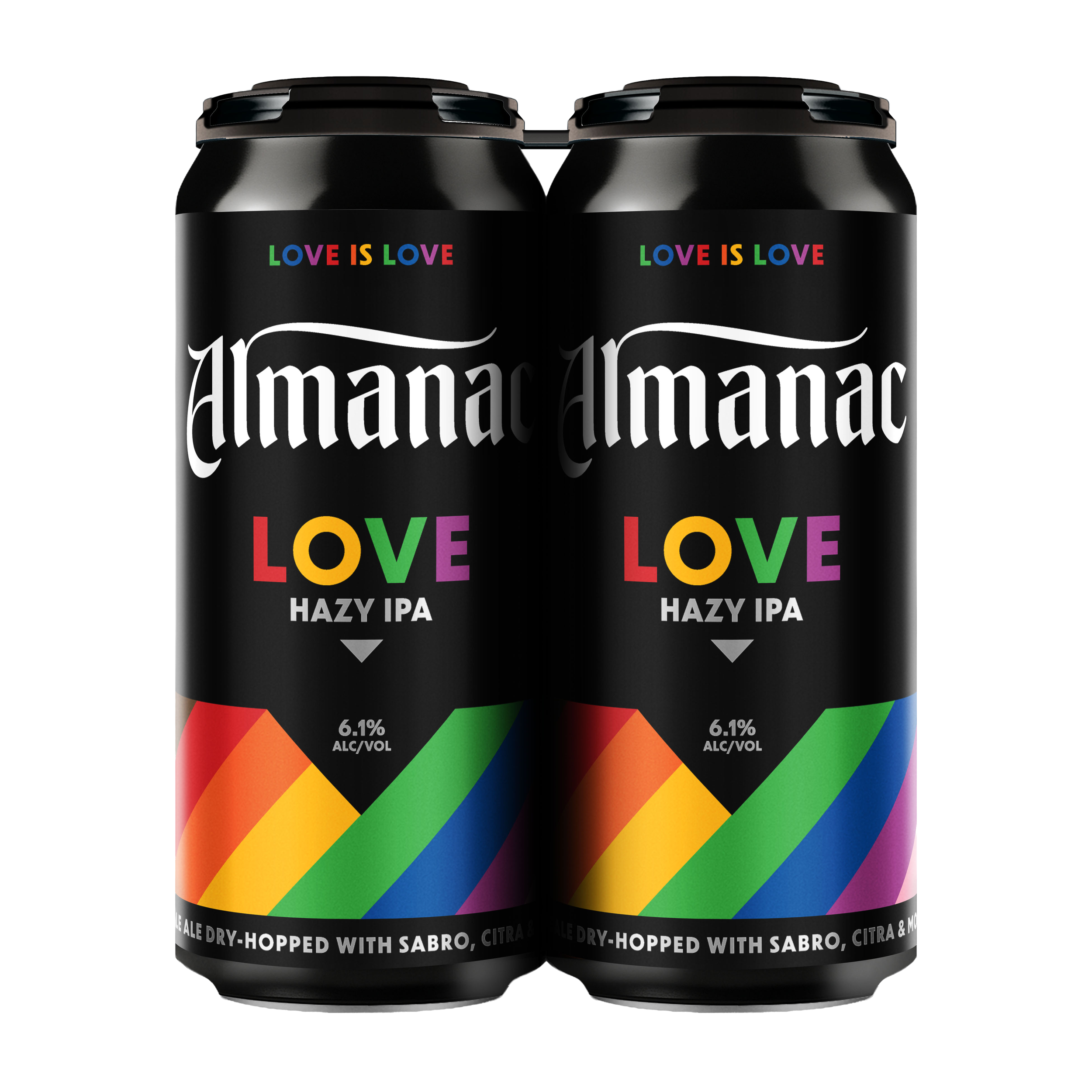 Two black cans of Almanac Love Hazy IPA beer with rainbow-colored text and a rainbow pattern on the label.