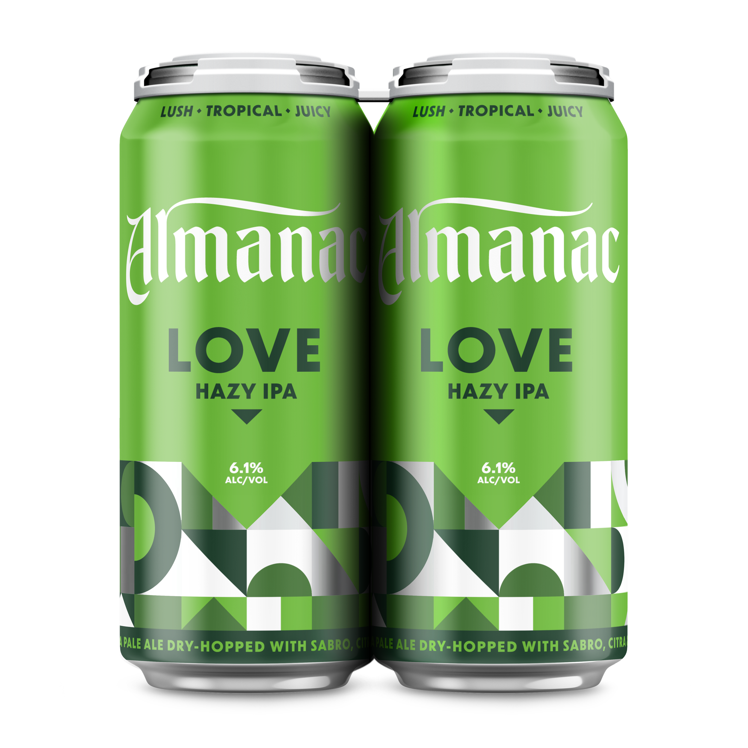 Two bright green cans of Almanac Love Hazy IPA beer, labeled with the words 'Lush, Tropical, Juicy,' and alcohol content '6.1%', featuring a geometric design