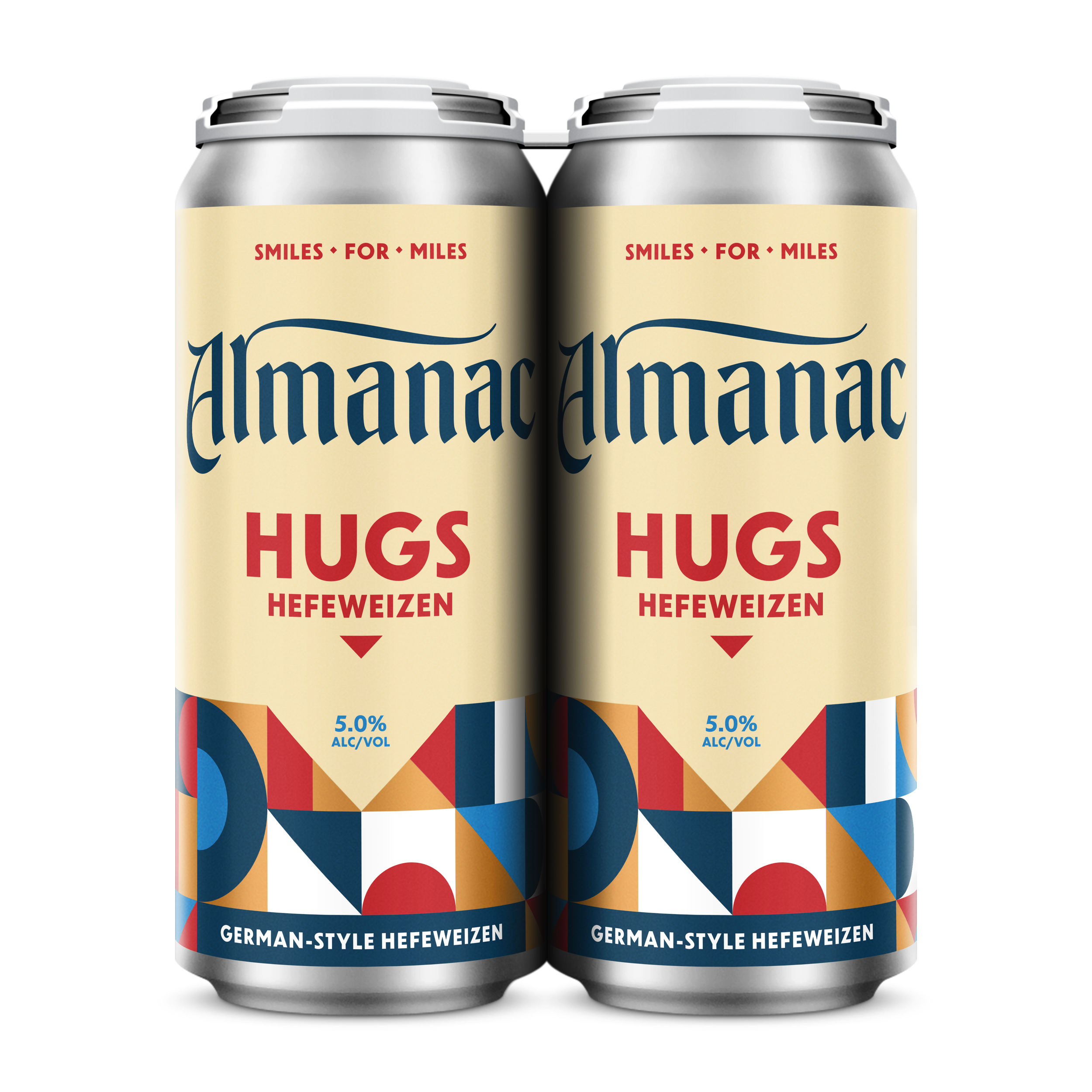 Two cans of Almanac Hugs German-style Hefeweizen beer with geometric and colorful label design, 5.0% alcohol by volume.