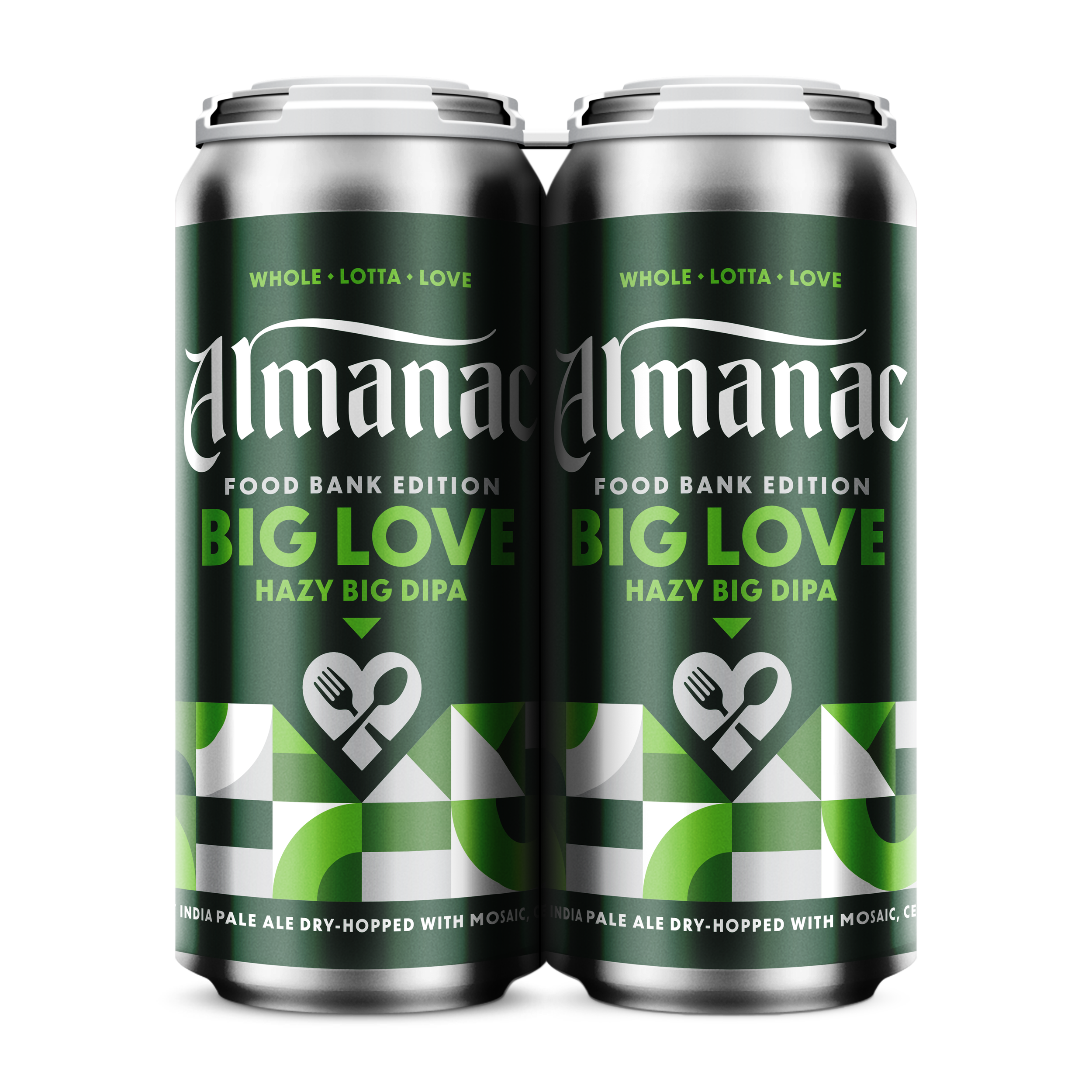 Two cans of Food Bank Edition Big Love Hazy Double India Pale Ale beer with a mosaic design on the label and text indicating they are dry-hopped with mosaic hops, part of a food bank edition, and labeled as Big Love, Hazy Big DIPA.