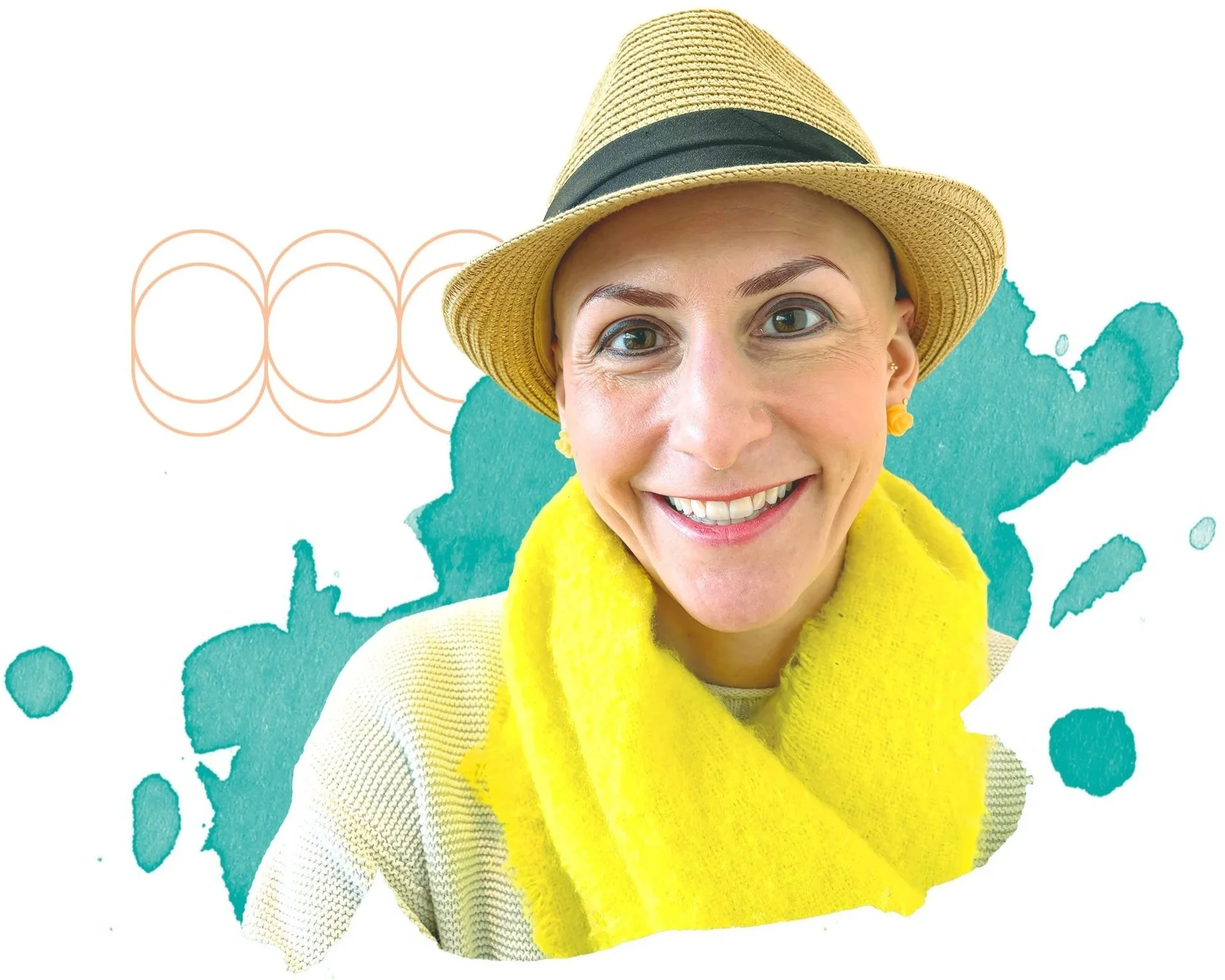A smiling woman wearing a straw hat with a black band, yellow scarf, and a light sweater, standing in front of a watercolor map of Africa with blue-green splashes and abstract line art.