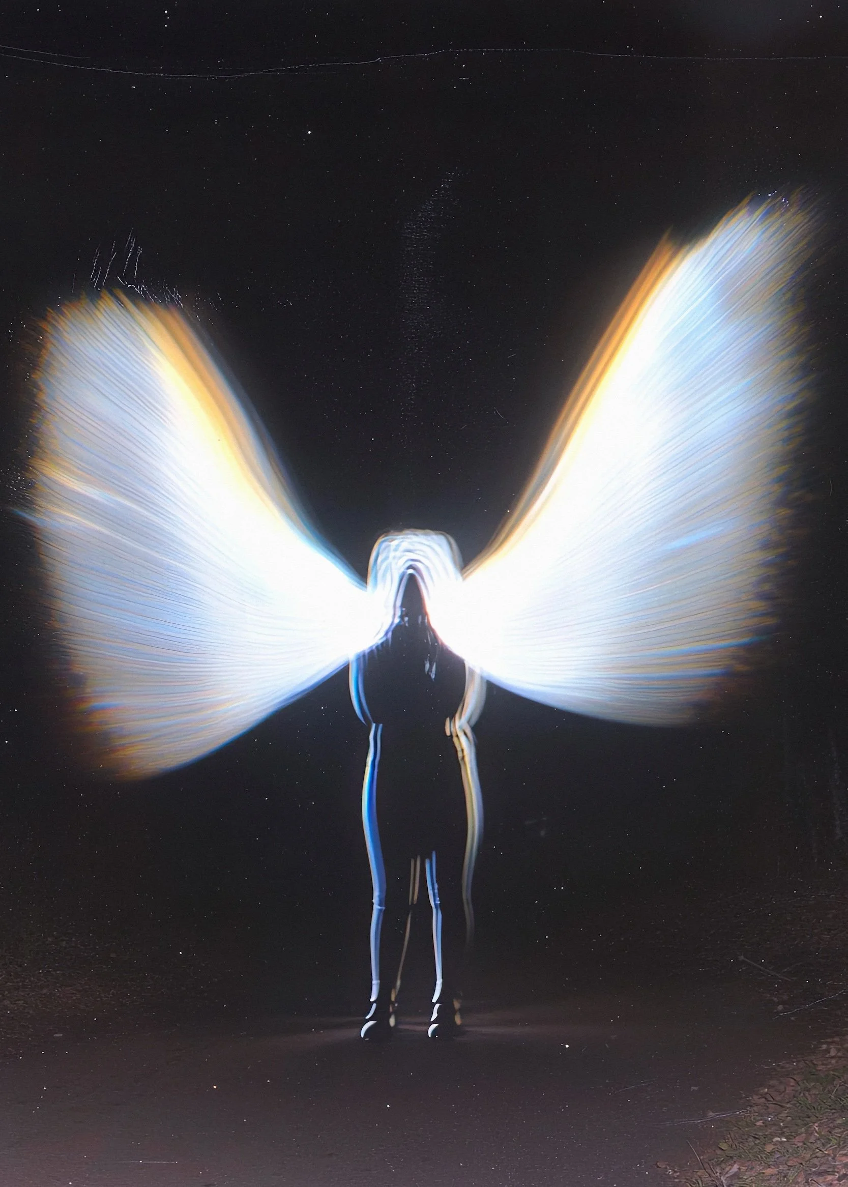 Light trail photo of human silhouette with wings