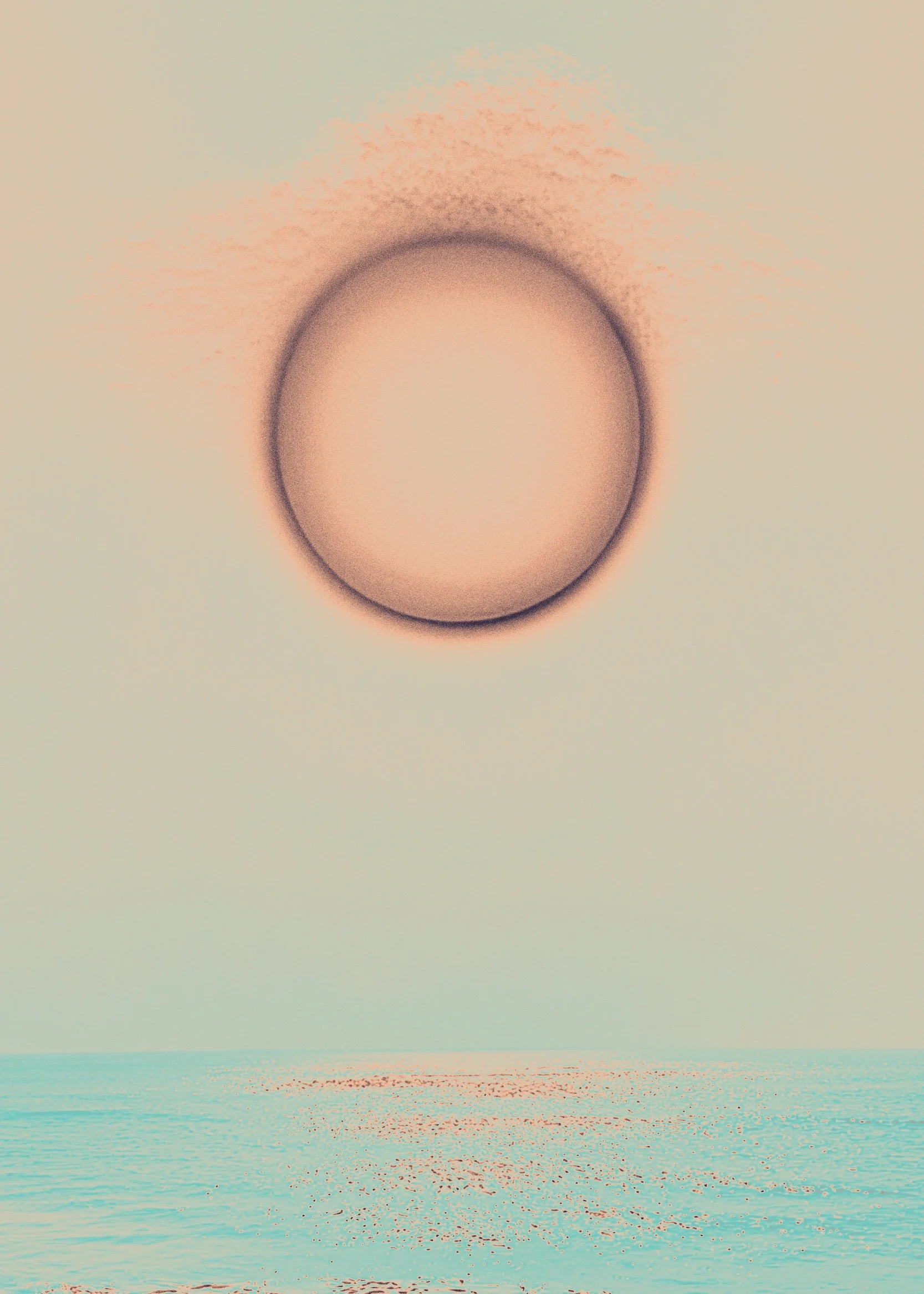 A digital art depiction of a sunset over the ocean with a large full moon in the sky and a vibrant, colorful horizon.
