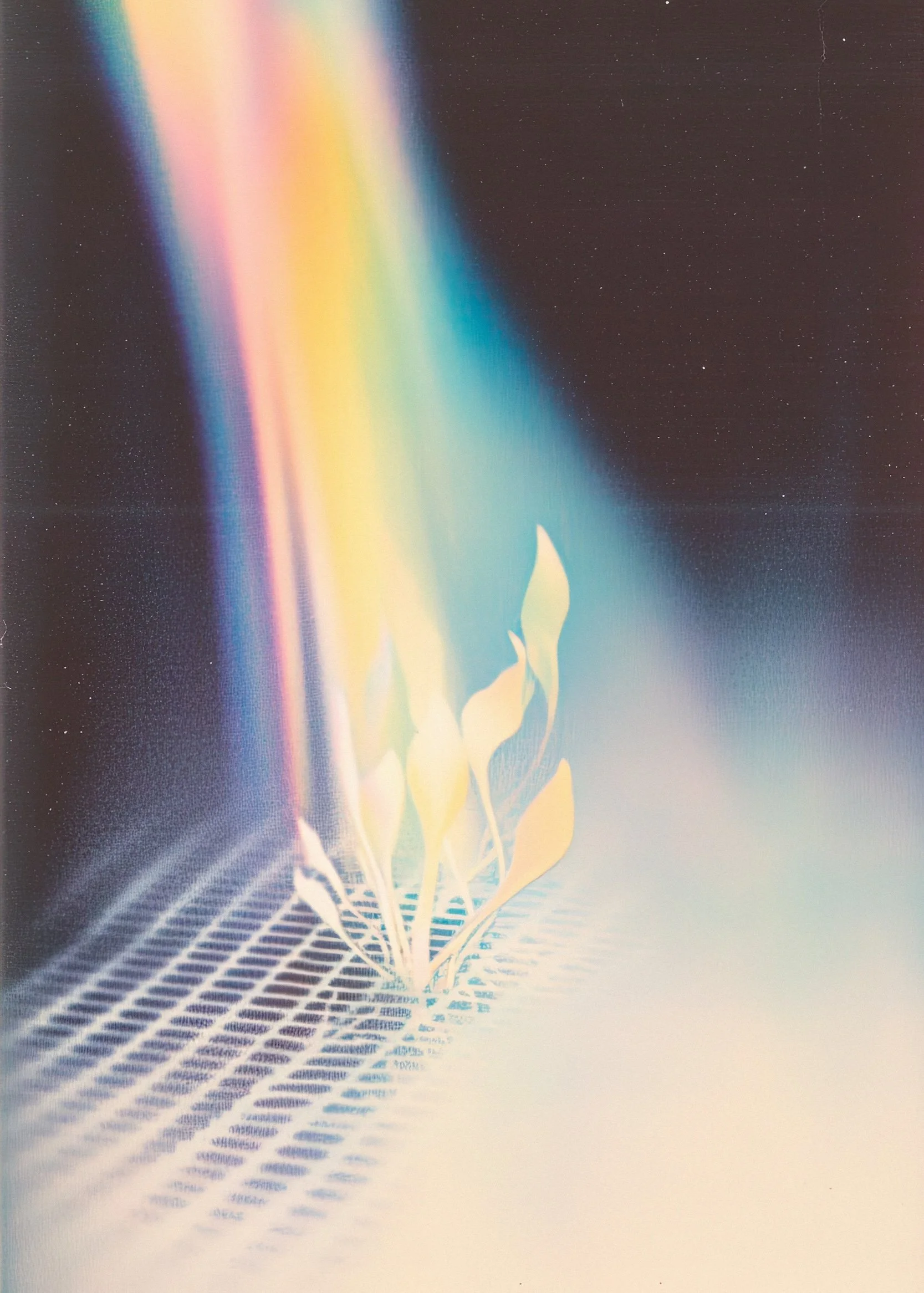 An abstract image with a stream of rainbow-colored light flowing downward with stars in the background depicting the cosmos.