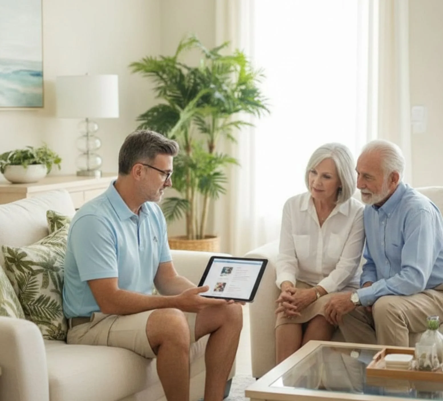 A man holding a tablet and showing something to an elderly couple seated on a sofa. The setting is a bright living room with large windows, plants, and a decorative lamp.