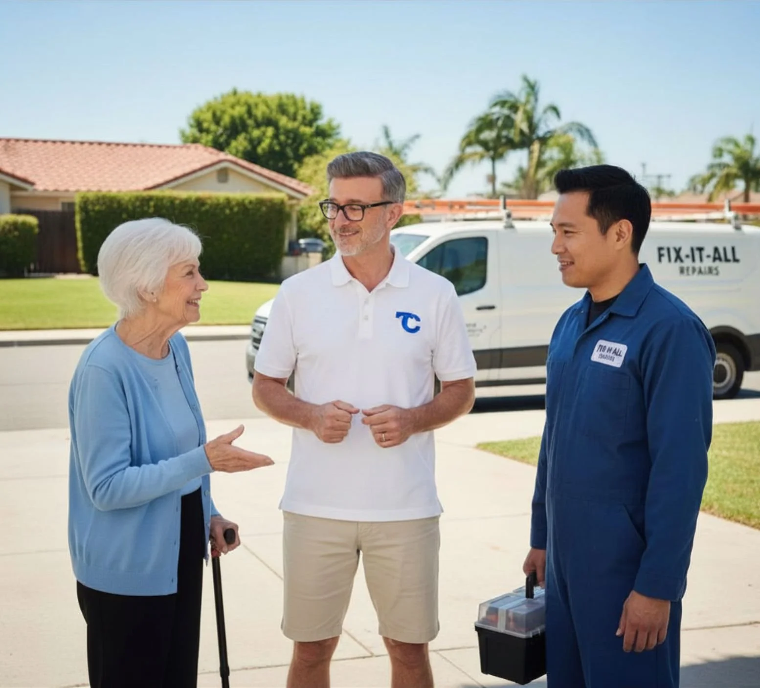 Four people, two men and two women, talking outside in front of a residential neighborhood and a repair van. They appear to be discussing something, with one woman using hand gestures.