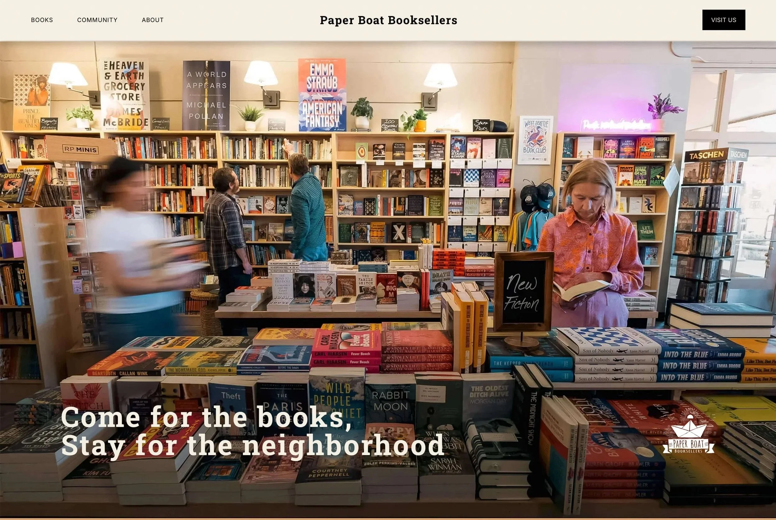 Paper Boat Booksellers homepage design showing West Seattle independent bookstore branding