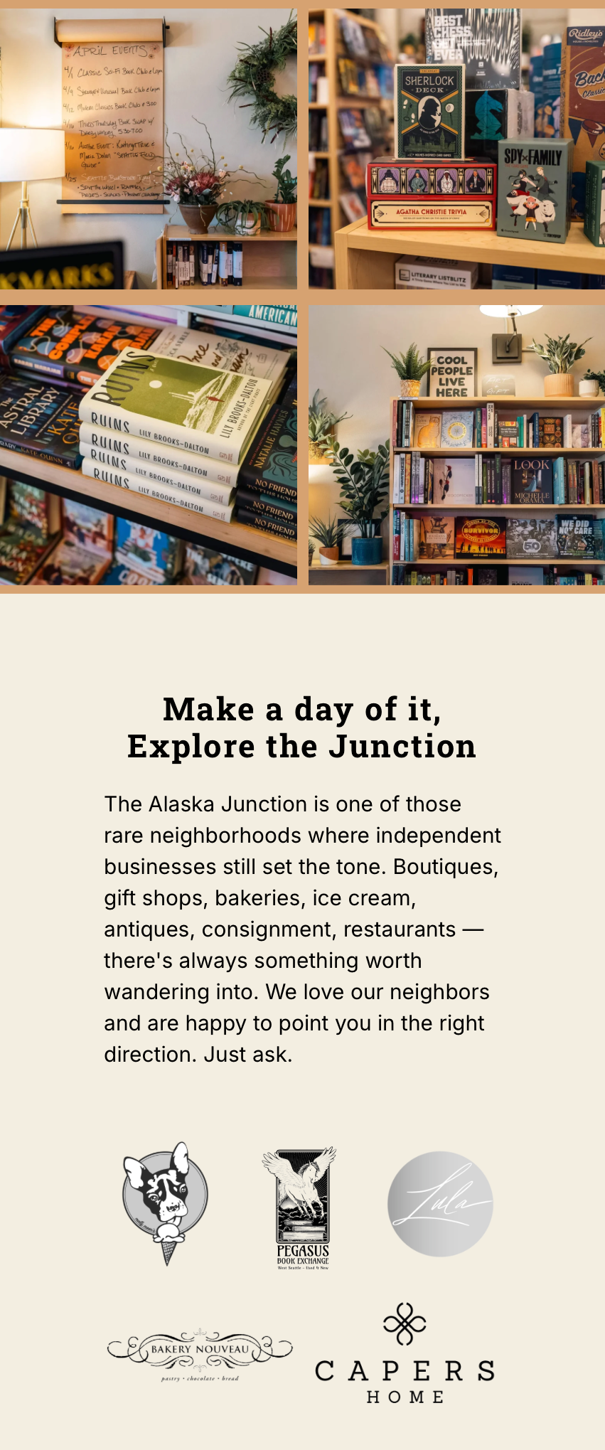 Photo collage of Paper Boat Booksellers' interior, featuring event signage, a game and trivia display, a featured book stack, and a cozy reading nook.
