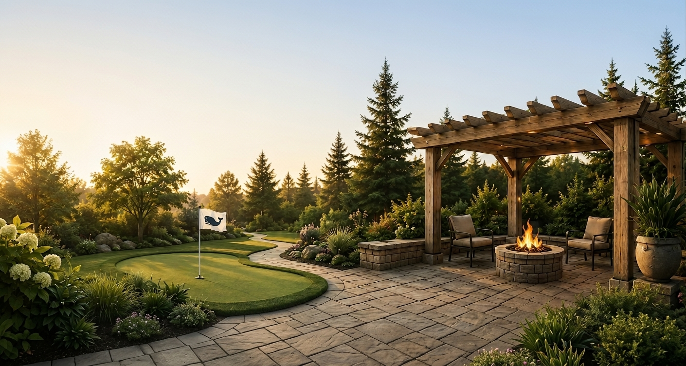 A backyard with a putting green, flag, stone patio, fire pit, seating area with wooden pergola, surrounded by trees and plants at sunset.