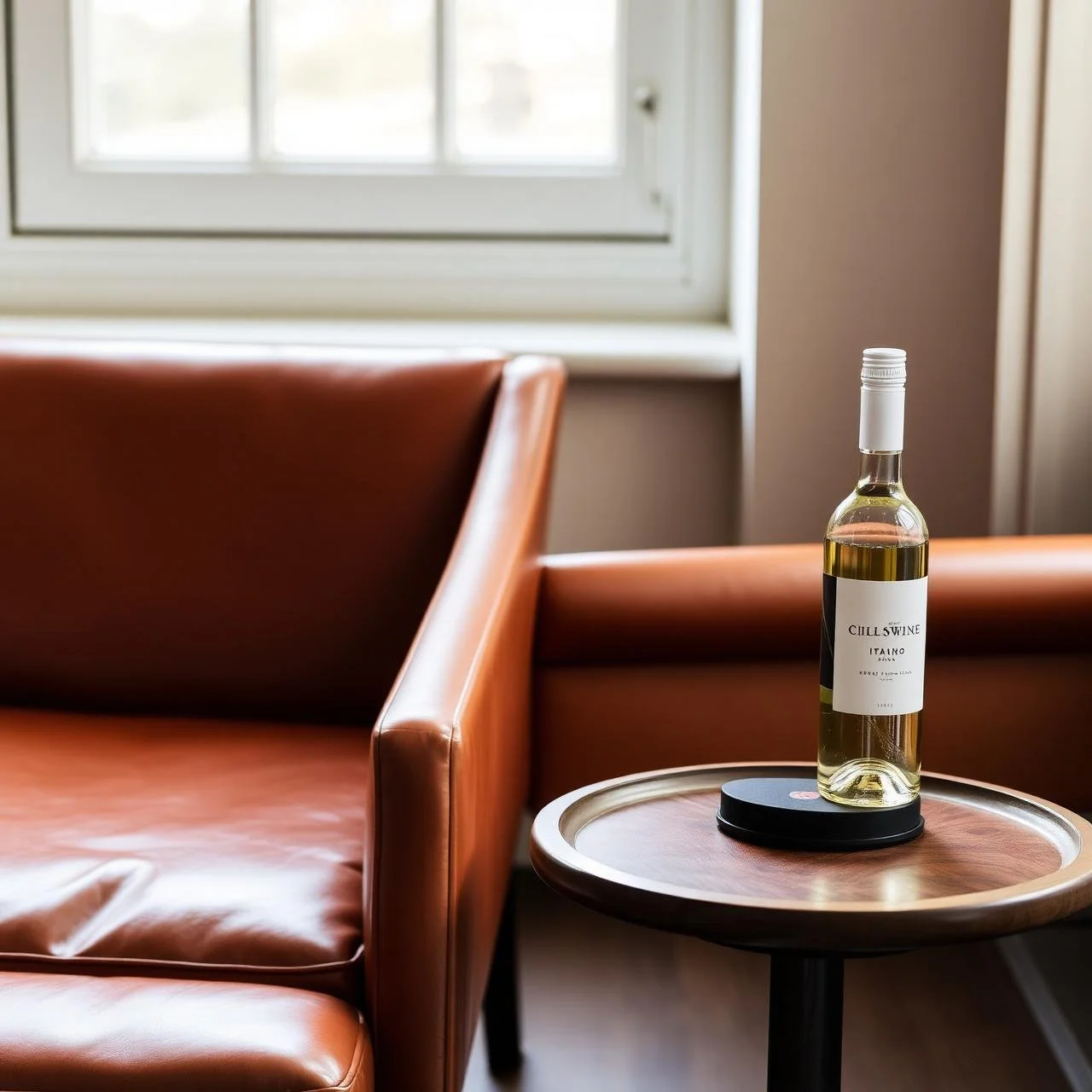 A bottle of wine on a round wooden side table next to a leather armchair near a window.