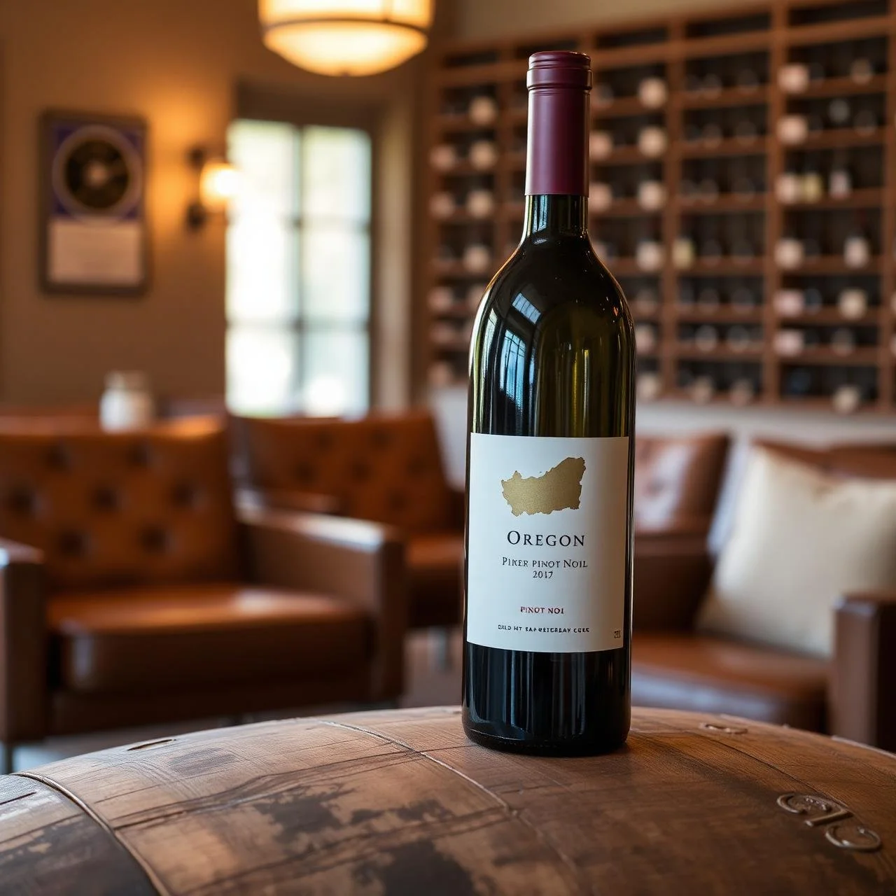 A bottle of Oregon Pinot Noir wine on a wooden barrel in a cozy, warmly lit wine room with leather seating and wine racks in the background.