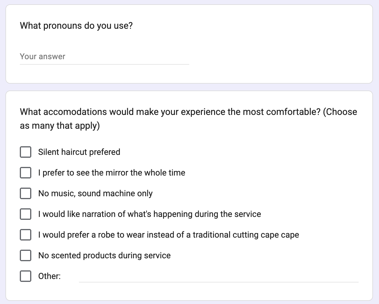 Screenshot example of the optional sensory accommodation form that you will receive after booking