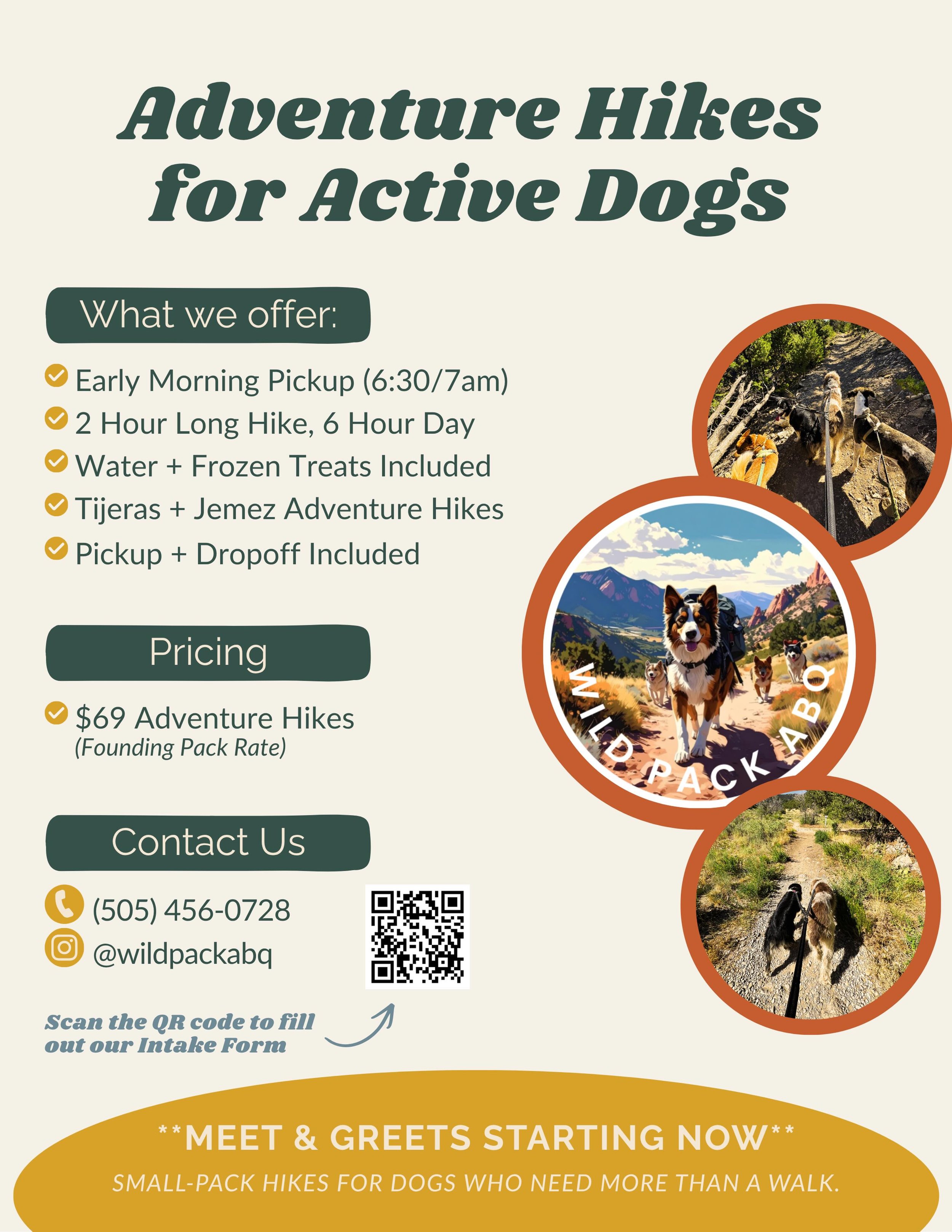 🐾 Wild Pack ABQ Adventure Hikes 🏔️ 

Your dog&rsquo;s new favorite adventure starts here! We offer safe, fun, and enriching group hikes for pups who love to explore. Every adventure includes pick-up &amp; drop-off, a 2-hour guided hike, treats, and