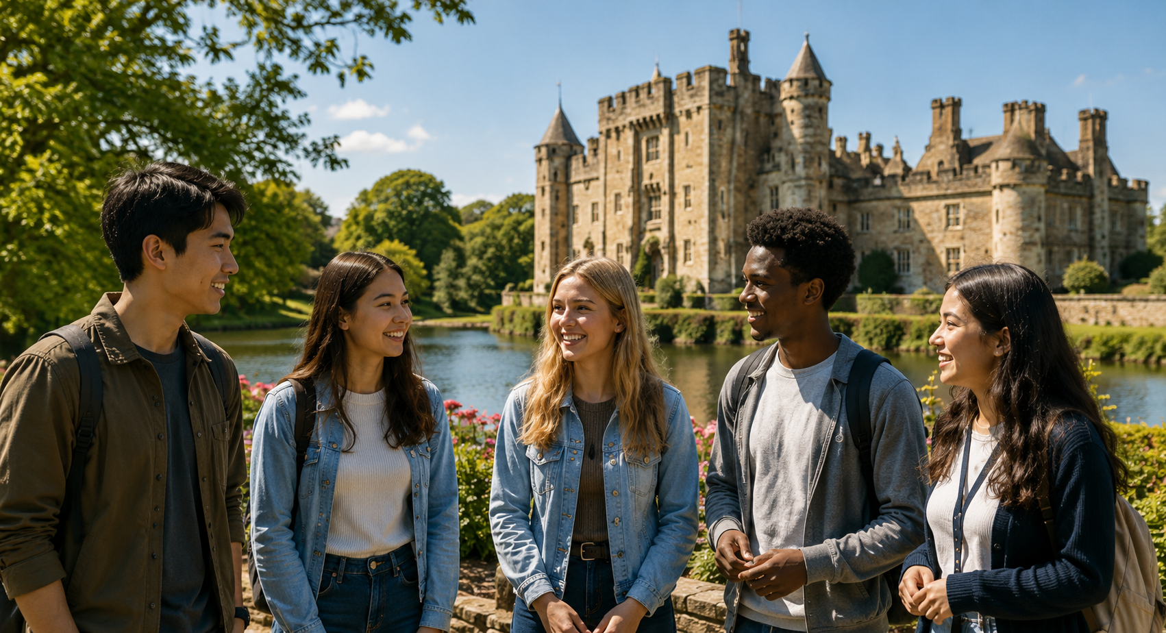 Group of five young adults talking and smiling outdoors in front of a castle with a lake, trees, and blue sky.