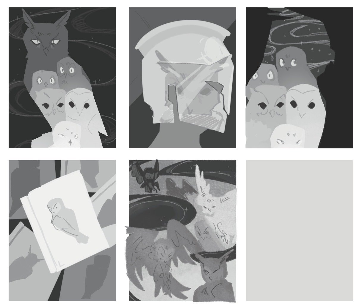 GREYSCALE CONCEPTS FOR FULL PAGE ILLUSTATION