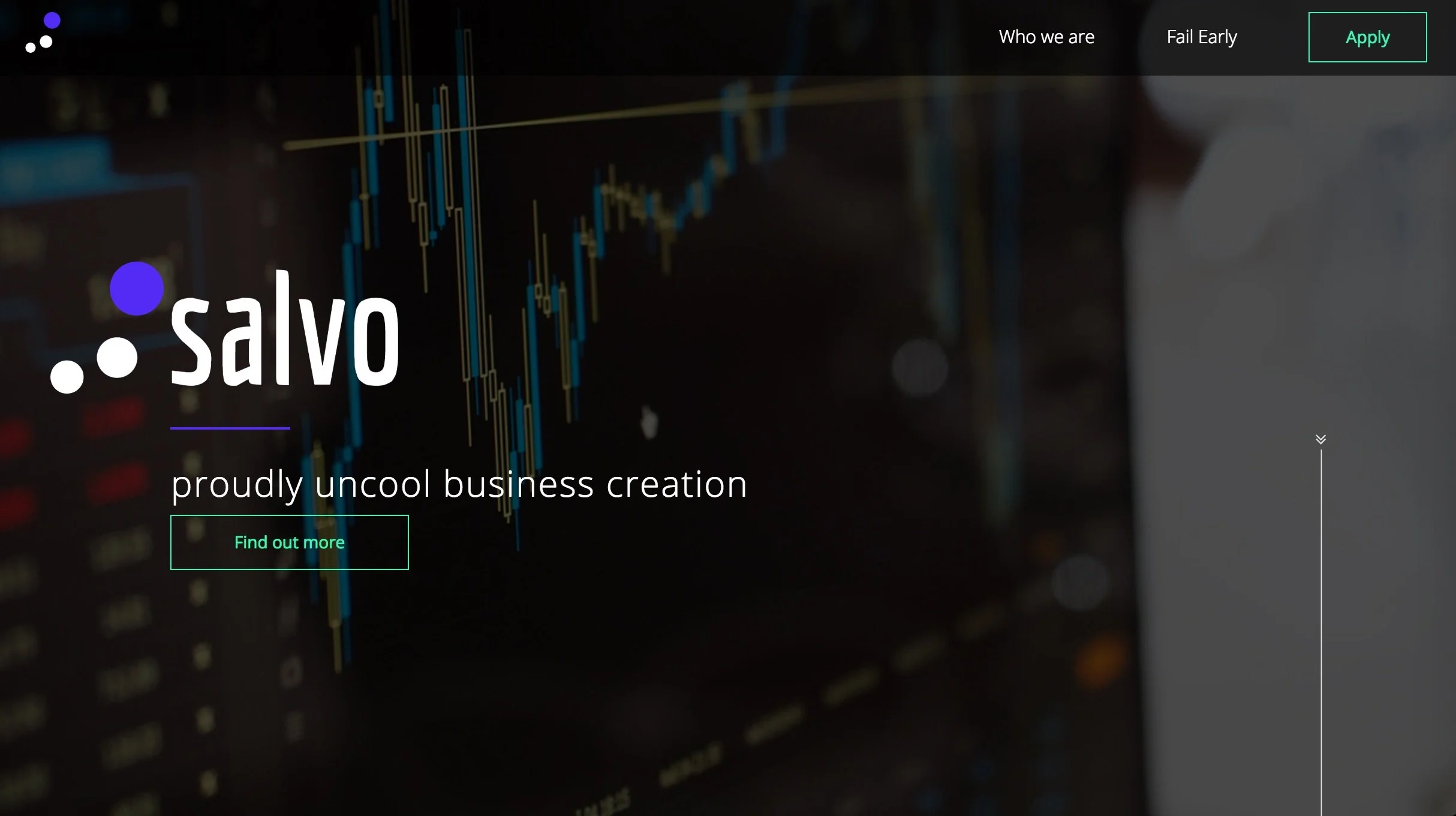 Screenshot of a website homepage for Salvo, a business incubation company, with a dark background featuring a stock market or financial chart, and navigation links including Who we are, Fail Early, and an Apply button.