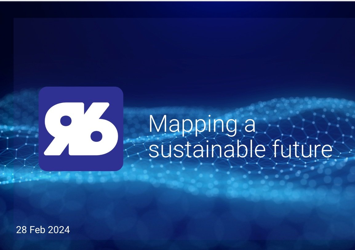 A digital presentation slide with a blue background and a network pattern, featuring a white and purple logo with the letters 'R6' and the text 'Mapping a sustainable future' with the date '28 Feb 2024'.
