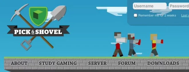 Screenshot of the 'Pick & Shovel' Minecraft-themed website, featuring a navigation bar with options such as About, Study Gaming, Server, Forum, and Downloads. The background depicts a pixelated sky with clouds and three Minecraft-style characters.