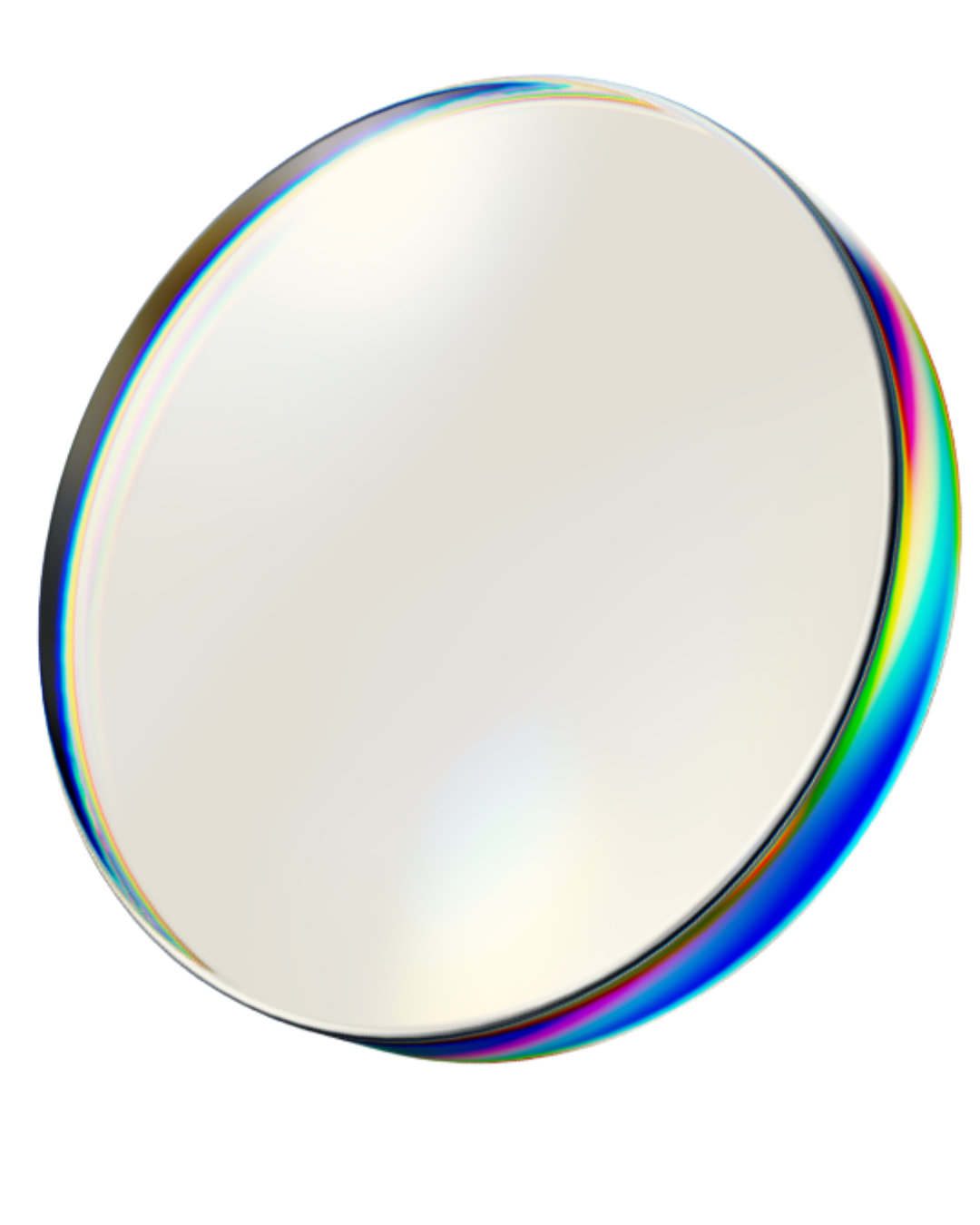Close-up of a round, transparent CR-39 lens with a reflective surface and colorful HDR rim.