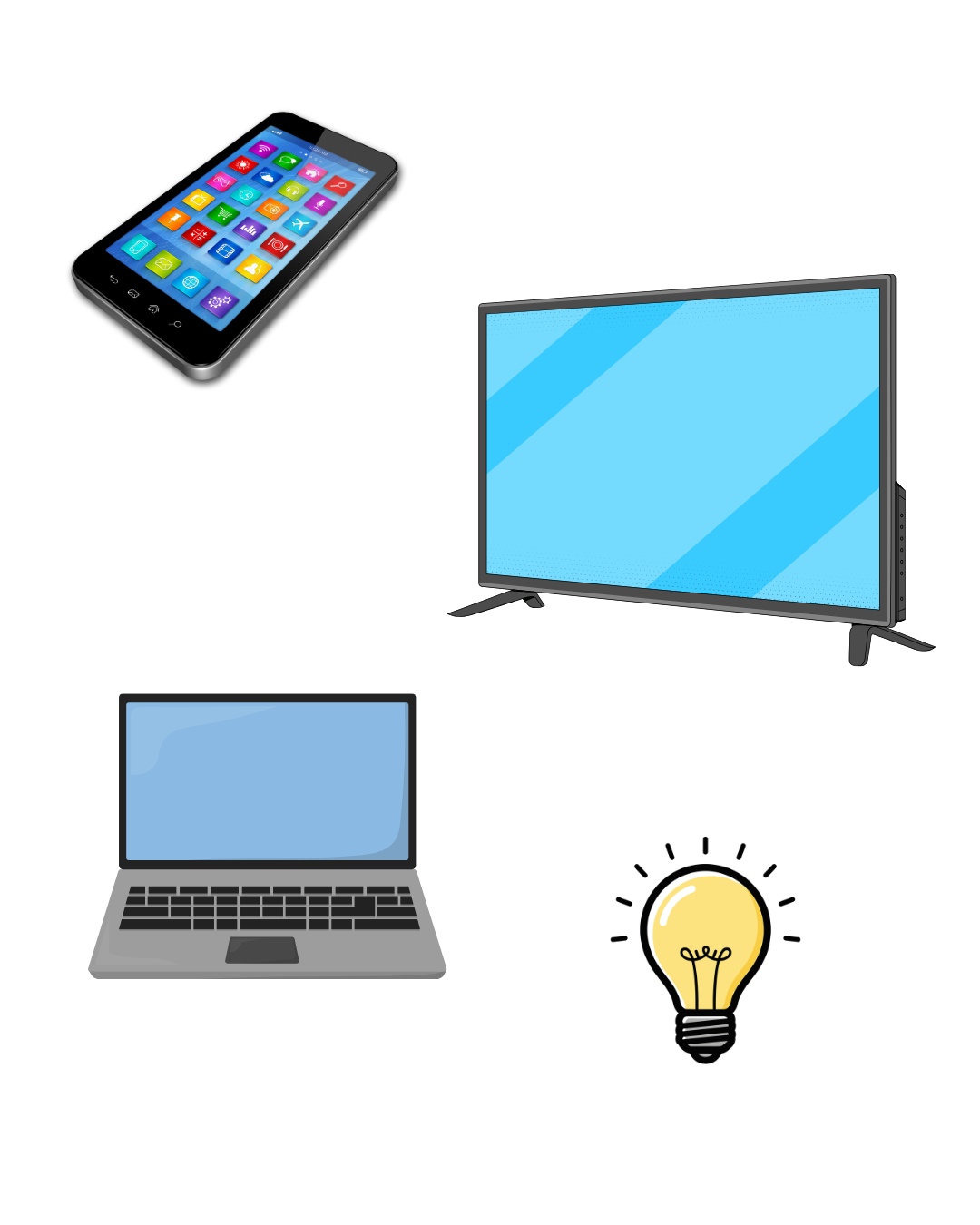 Smartphone, TV, laptop, and a light bulb.