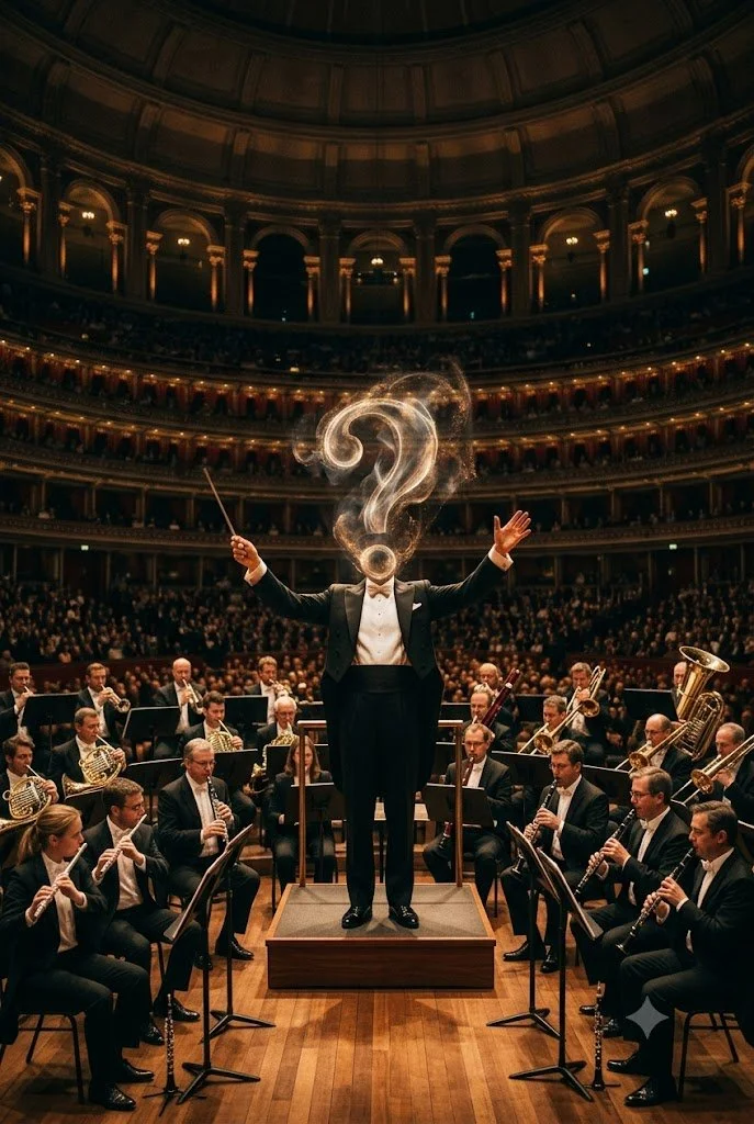 An orchestra performing in a concert hall with a conductor in the center. The conductor's face is replaced with a swirling question mark, and he is holding a baton. The audience is visible in the background.