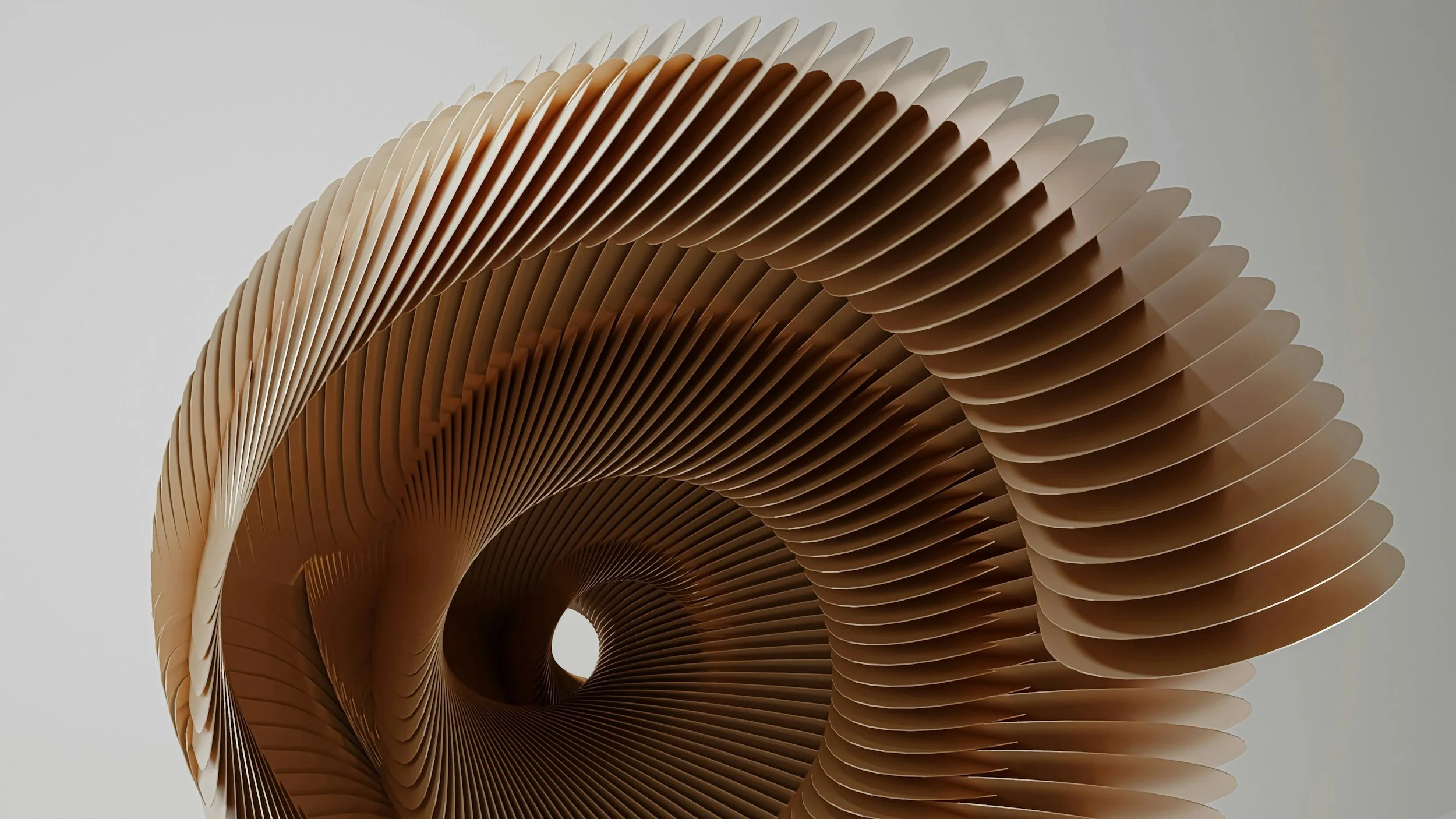 A modern sculpture made of curved, evenly spaced beige slats arranged in a hollow, spiral pattern.