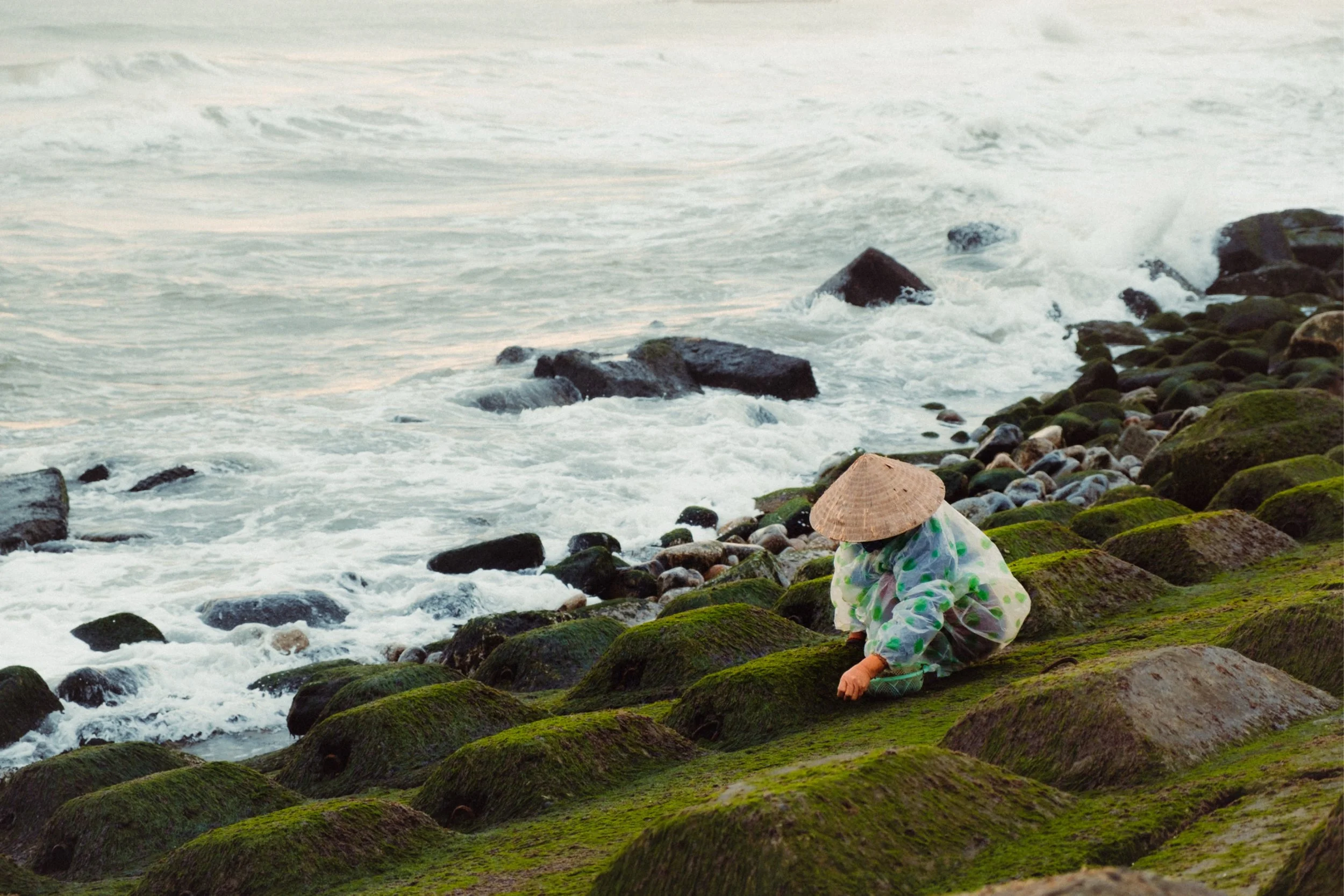 A person wearing a broad-brimmed hat and patterned clothing is sitting on moss-covered rocks near the shoreline with waves crashing behind them.