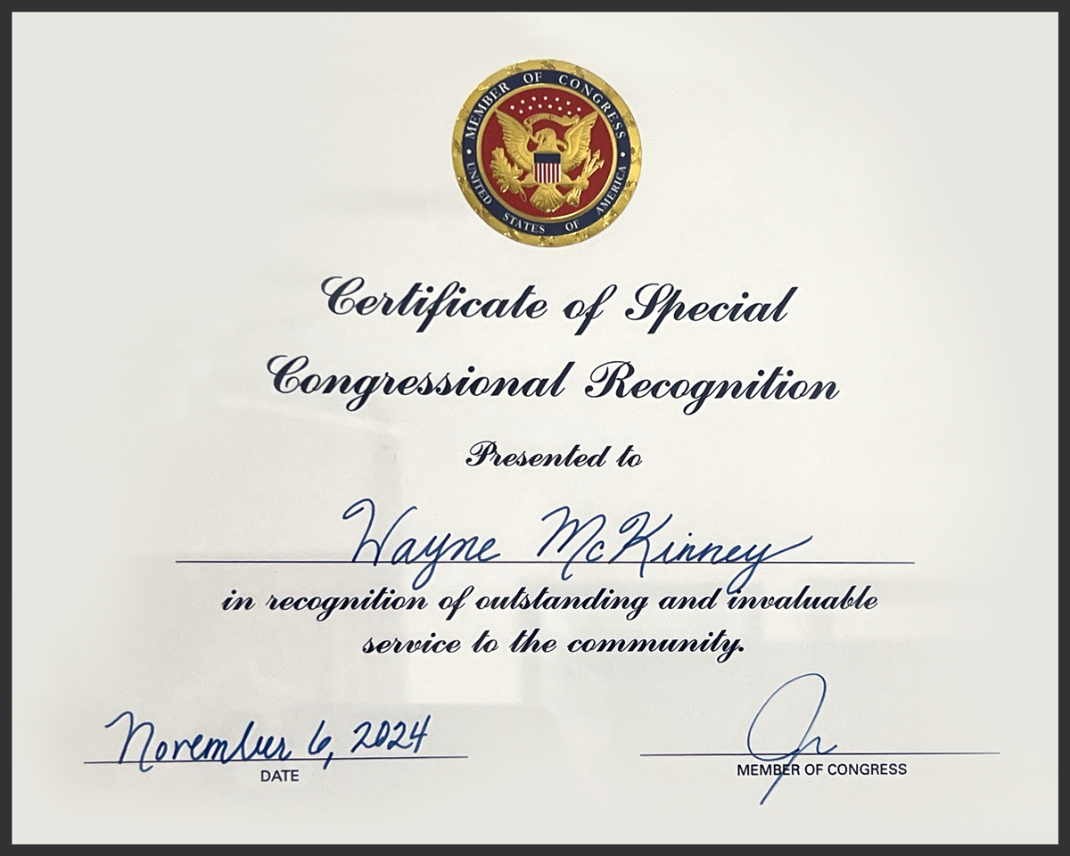 Wayne McKinney - Certificate of Recognition