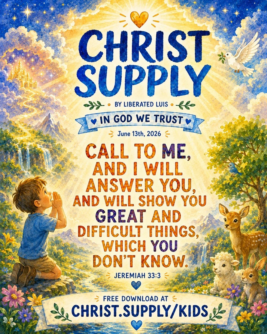 A colorful illustration depicting a biblical scene with a child praying in a lush landscape, surrounded by mountains, trees, animals like a deer, sheep, rabbits, a dove, and a castle in the background. The image features a religious message from Jeremiah 33:3, with bright sunlight and decorative elements.