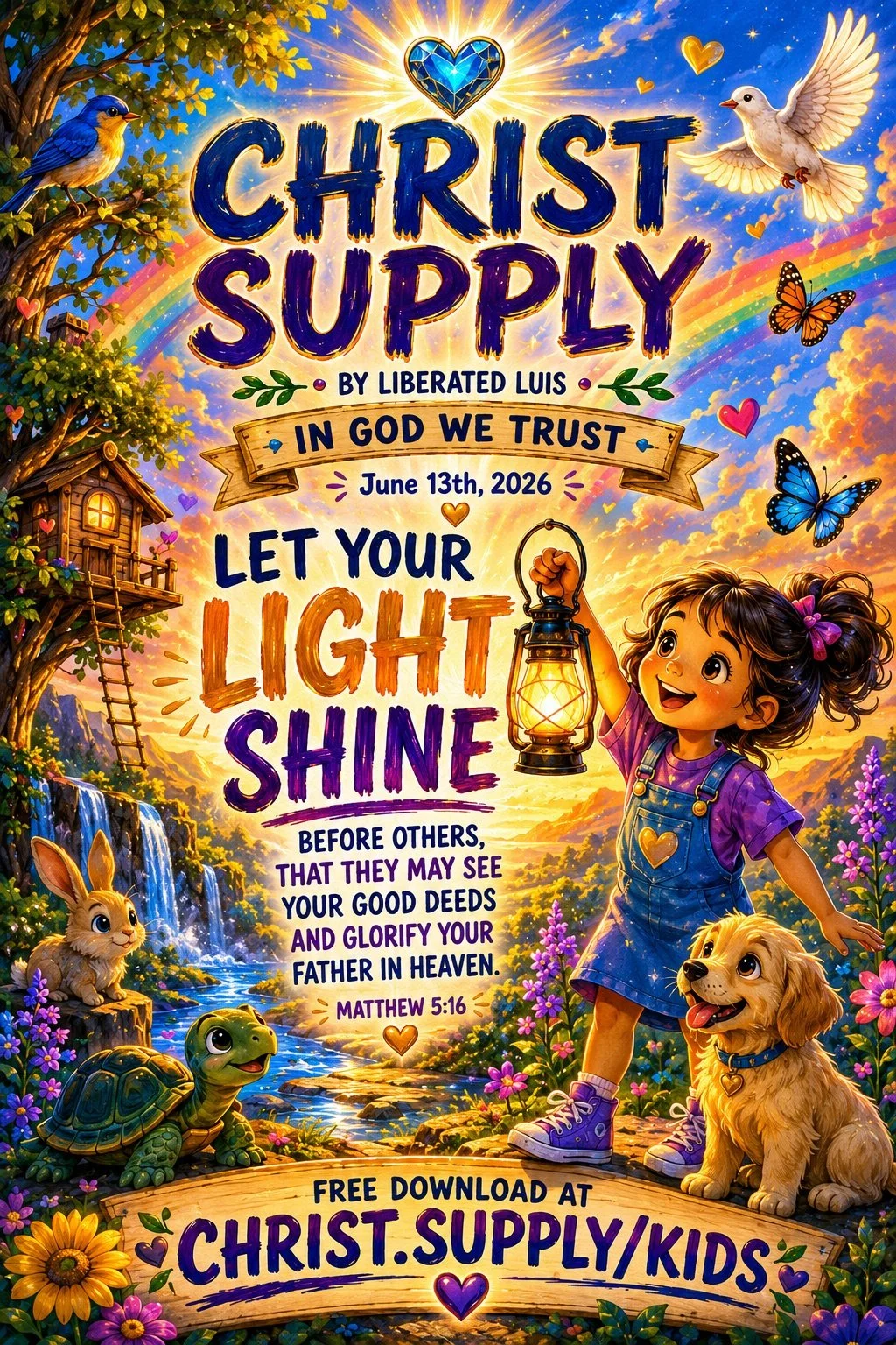 A colorful, illustrated poster for Christ Supply Kids, featuring a young girl holding a lantern, surrounded by animals like a bunny, dog, turtle, and birds, with a rainbow, trees, flowers, and a waterfall in a vibrant outdoor scene. The text promotes trusting in God, letting your light shine, and includes a Bible verse from Matthew 5:16.