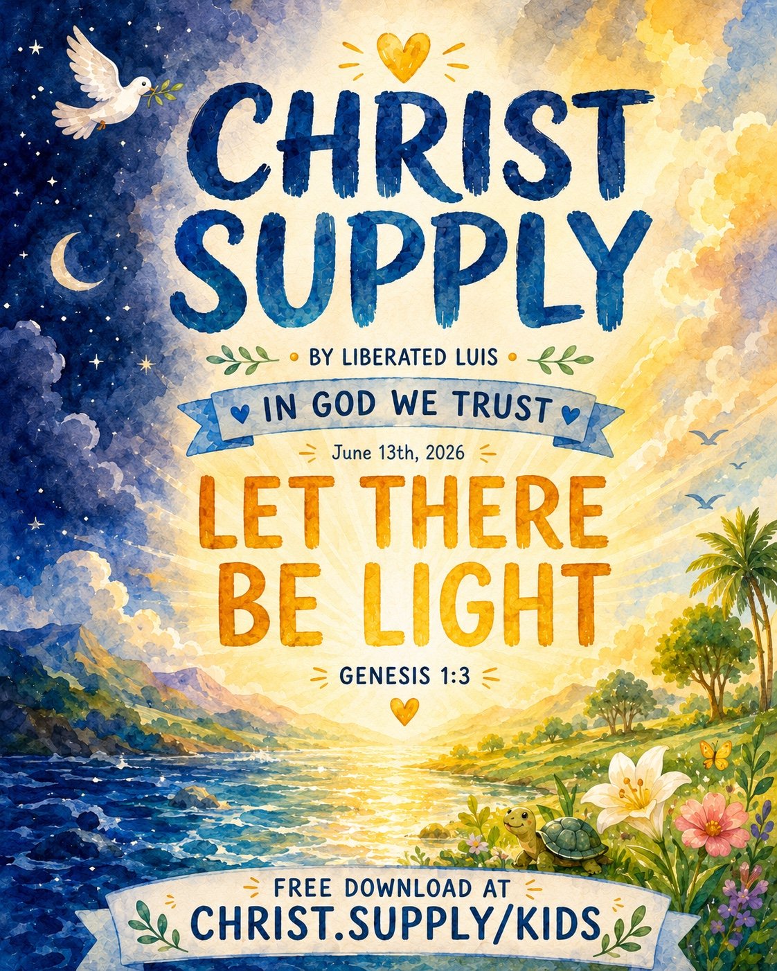 Colorful illustrated poster with religious theme, displaying the text "Christ Supply" and a Bible verse from Genesis 1:3, featuring images of a dove, moon, stars, landscape, flowers, a turtle, and a butterfly.