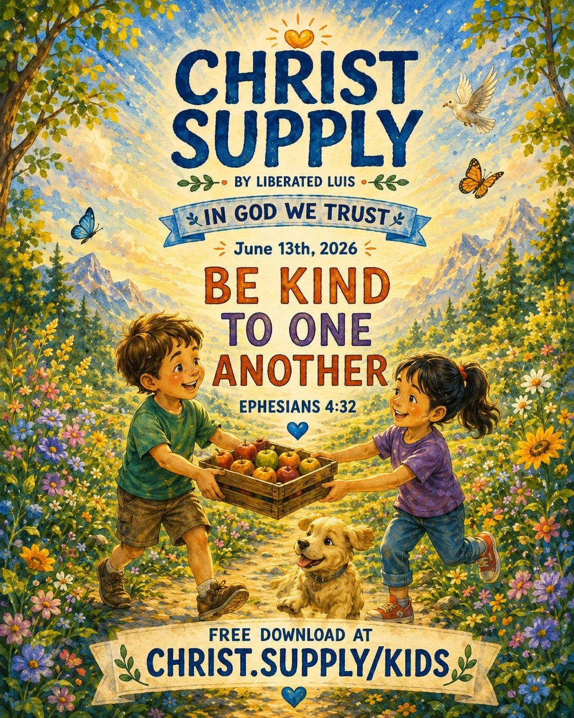 Animated illustration of two children, a boy and a girl, exchanging a basket of apples on a path surrounded by colorful flowers, with a dog and a scenic mountain background, promoting a Christian event for kids on June 13th, 2026.