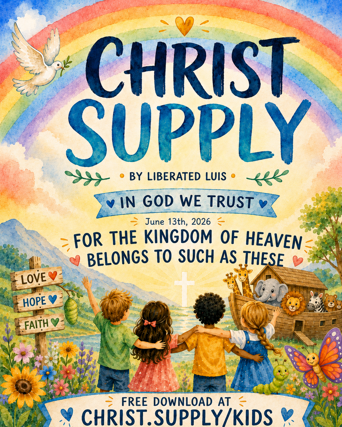 Colorful illustration of a children's poster with the title 'Christ Supply' and a rainbow in the background. Features children with outstretched arms, animals in a boat, a cross, flowers, and signs reading 'Love,' 'Hope,' and 'Faith.'