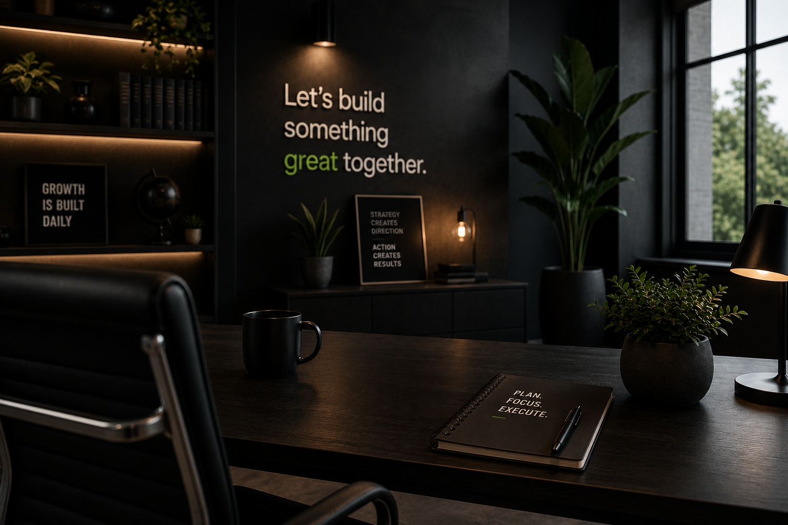 A modern office conference room with dark decor, plants, motivational signs on the wall, and a dark wooden table with a closed black notebook and pen.