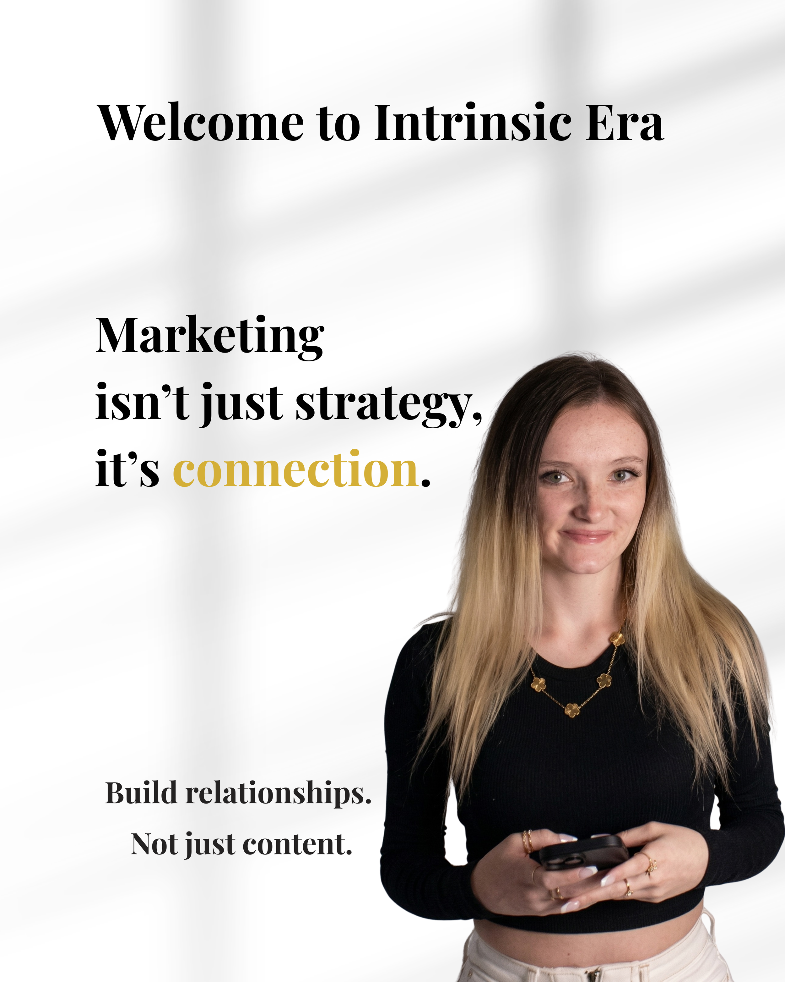 Female with long blonde hair wearing a black long-sleeve crop top and beige pants, holding a smartphone, standing against a white background with text about building relationships.
