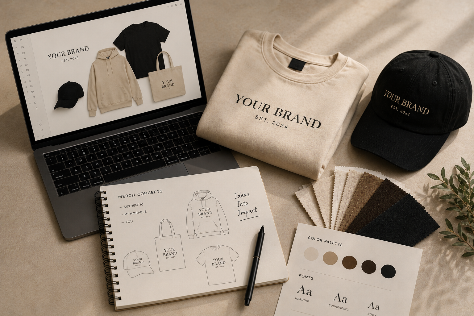A workspace with a laptop, a folded sweatshirt, a black cap, a beige tote bag, fabric color swatches, a color palette, and a notebook with sketches and notes for a clothing brand.