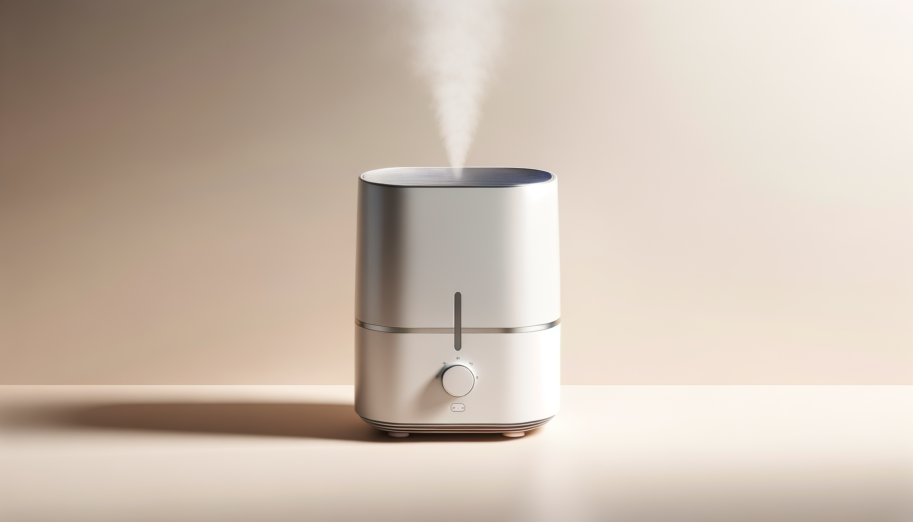 A sleek, modern white humidifier emitting vapor against a plain beige background.