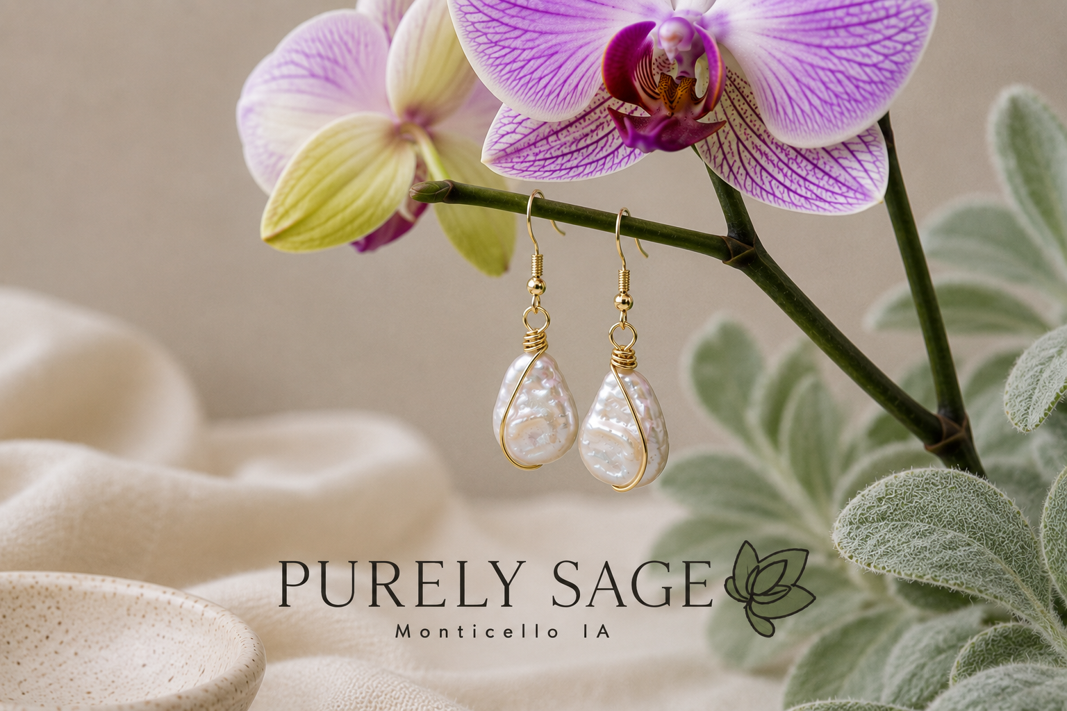 A pair of pearl drop earrings hanging from a purple and white orchid flower, with the text 'PURELY SAGE Monticello IA' at the bottom.