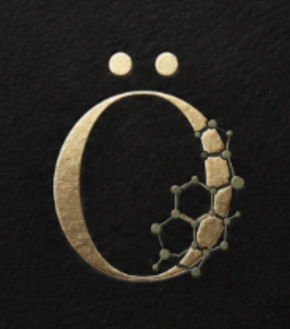 Gold geometric design featuring a crescent shape, two small circles above it, and a molecular structure on the right side, all set against a black background.